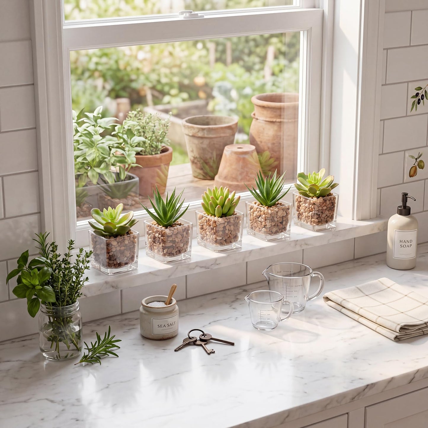 Briful Set of 4 Succulents Plants Artificial in Clear Glass Pots Small Fake Succulents Plants Mini Faux Plants Indoor for Window Sill Office Table Desk Shelf Bathroom Decor
