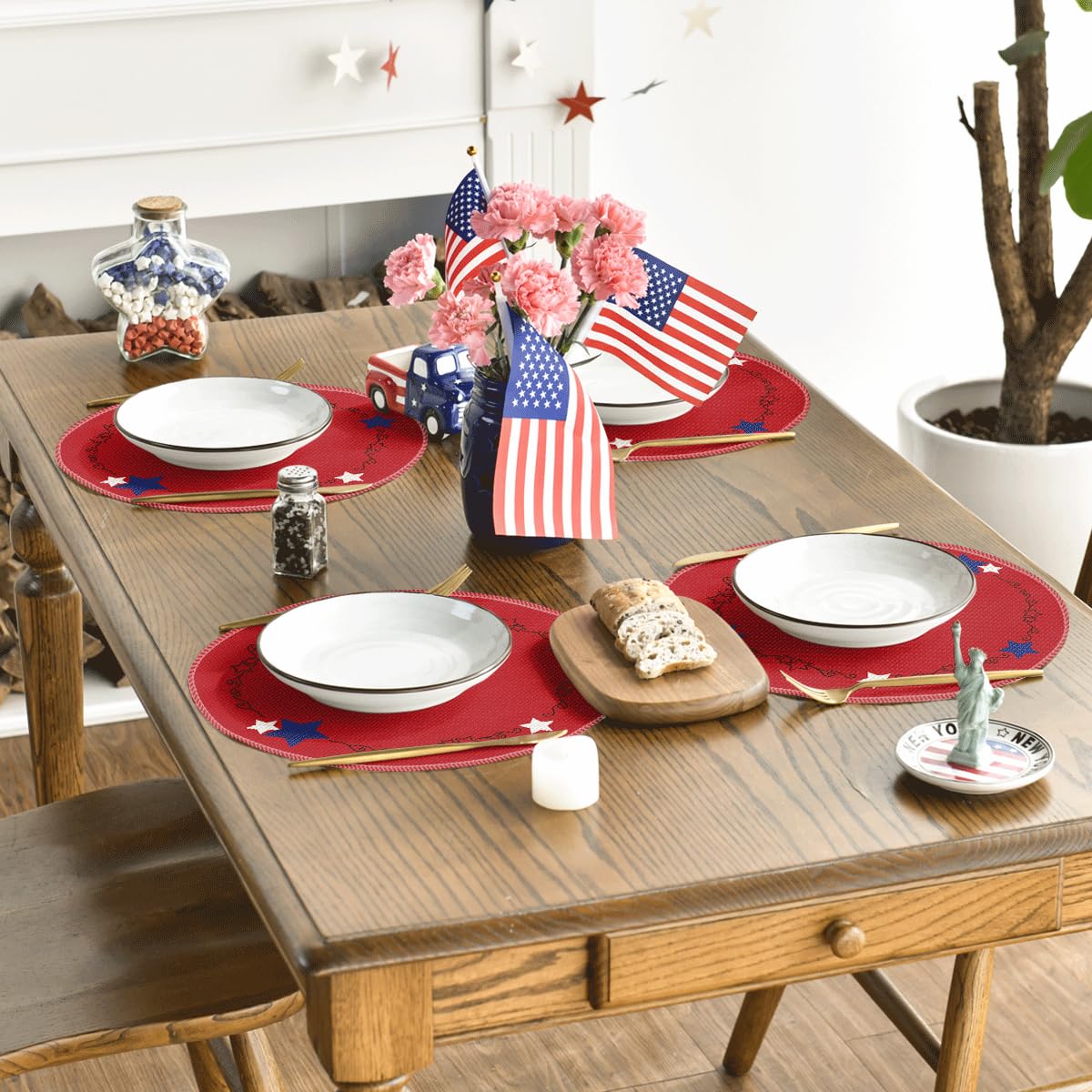 Artoid Mode Red Stars Border 4th of July Round Placemats Set of 4,14 Inch Memorial Day Table Mats for Party Kitchen Dining Decoration