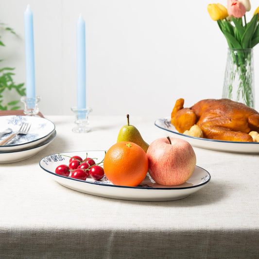 Magclay Ceramic Serving Platters, 12 Inch Large Serving Trays, Oval Plates for Dessert Appetizers Meat/Entertaining/Party, Blue and White, Set of 3