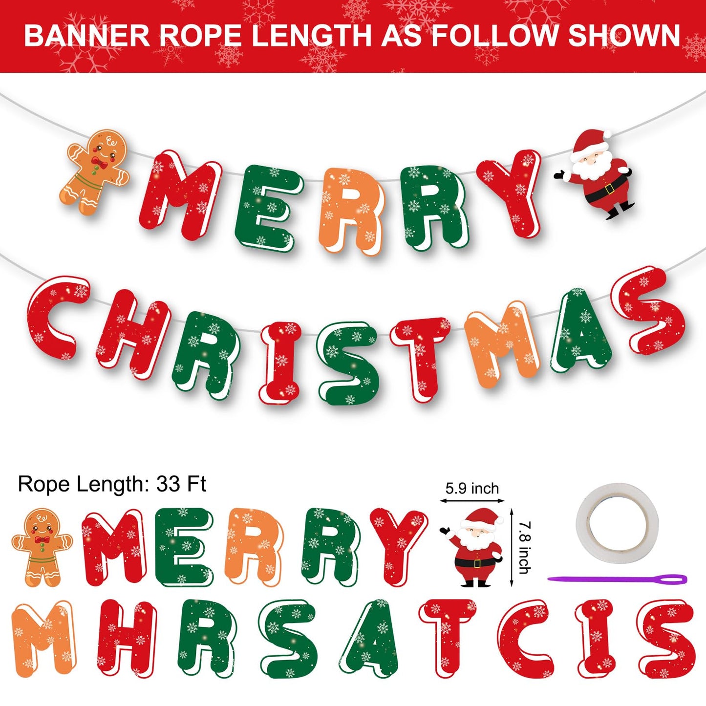 Merry Christmas Decorations Banners - Paper Christmas Banner, Santa Claus Reindeer Sign Garland Backdrop for Winter Xmas Indoor Outdoor Home Office Fireplace Wall Party Decor Supplies Favors Props