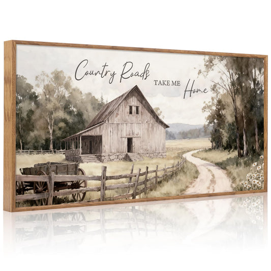 Aurlan Country Roads Take Me Home Wall Art(40"x20"), Neutral Countryside Cottage Cabin Farmhouse Old Barn Canvas Artwork, Large Vintage Rustic Nature Meadow Field Landscape Decor for Home Dining Room