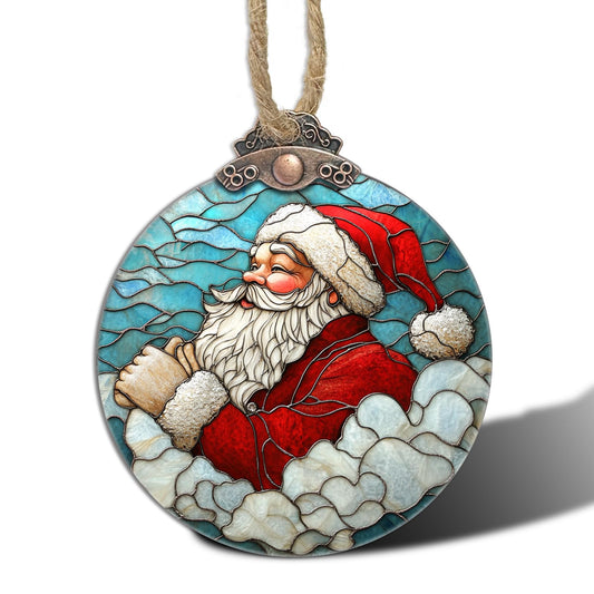 AMDERVEN Stained Glass Christmas Decorations, Kind Santa Claus Suncatcher for Window Christmas Tree Hanging Ornaments Blue and White Sun Catcher Xmas Decor Gifts for Women Men Mom Nana Friend