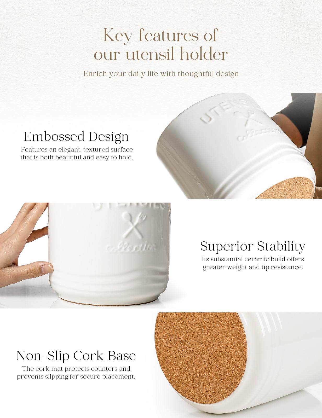 AISBUGUR Large Ceramic Utensil Holder: 7.5" H×6.3" W with Slanted Mouth - Utensil Crock with Non-Slip Cork Base for Kitchen Counter, Ideal for Decor & Gift,white utensil holder