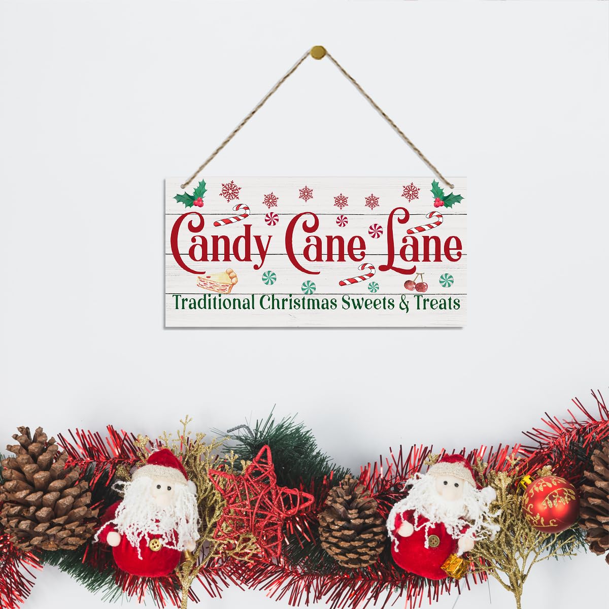 Christmas Decor, Decorative Wood Hanging Wood Plaque, Home Wall Decor Art, Christmas Sign for Kitchen Cafe Bar, Rustic Wooden Holiday Decor, Christmas Wall Decor With Rope, Candy Cane Lane
