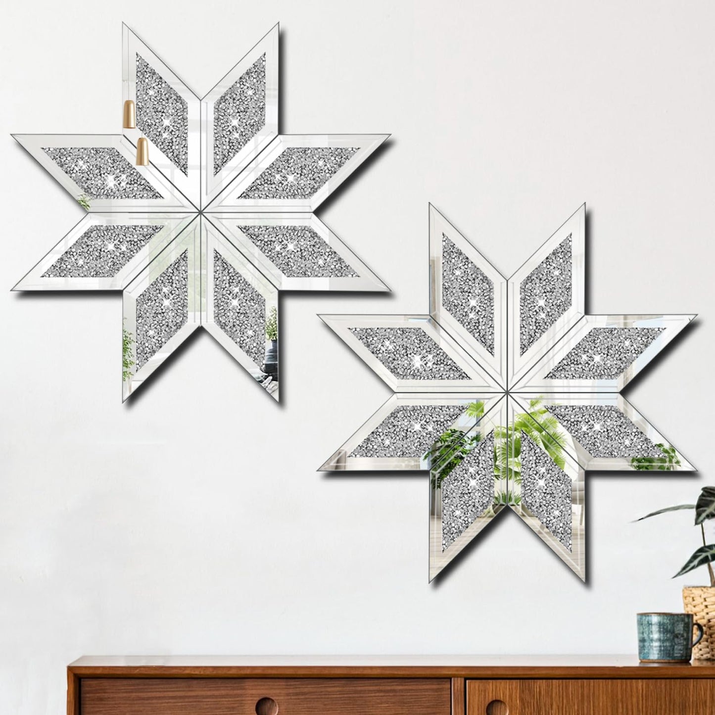 WALTSOM 2 Piece Crushed Diamond Decorative Mirror, Silver Crushed Diamond Mirror Decor Wall for Living Room Bedroom Bathroom Office (12X12in, Set of 2, Ready to Hang)