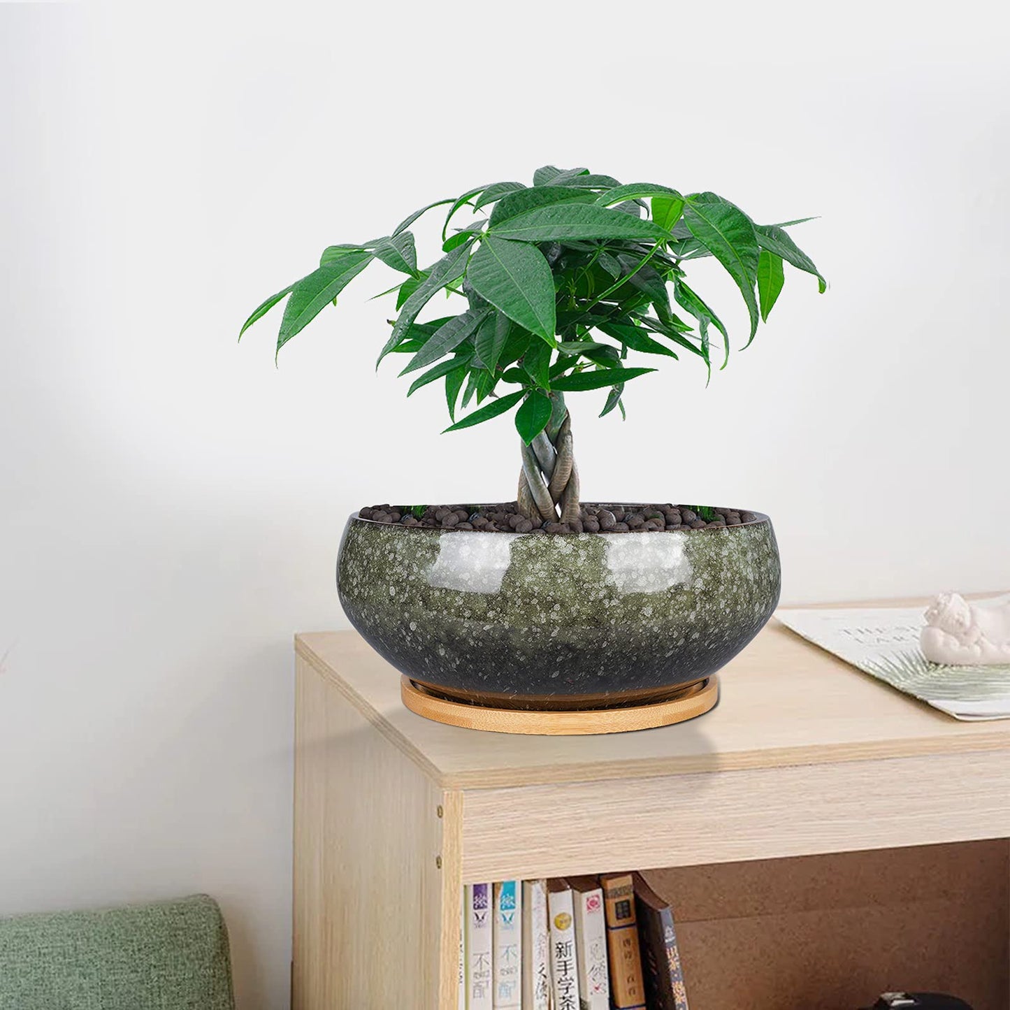 EPFamily 8 Inch Ceramic Bonsai Planter Pot, Glazed Shallow Succulent Planter with Drainage Hole and Bamboo Saucer for Indoor Plants, Brown