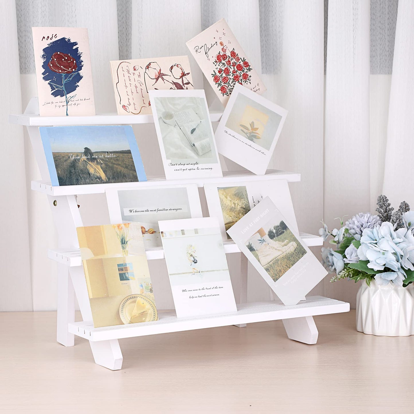 ELLDOO 4-Tier Wooden Display Riser, Retail Jewelry Card Display Stand, Rustic White Wooden Cupcake Stand Shelves, Organizer Showcase Cascading Merchandise Organizer Rack Vendor Display Supplies