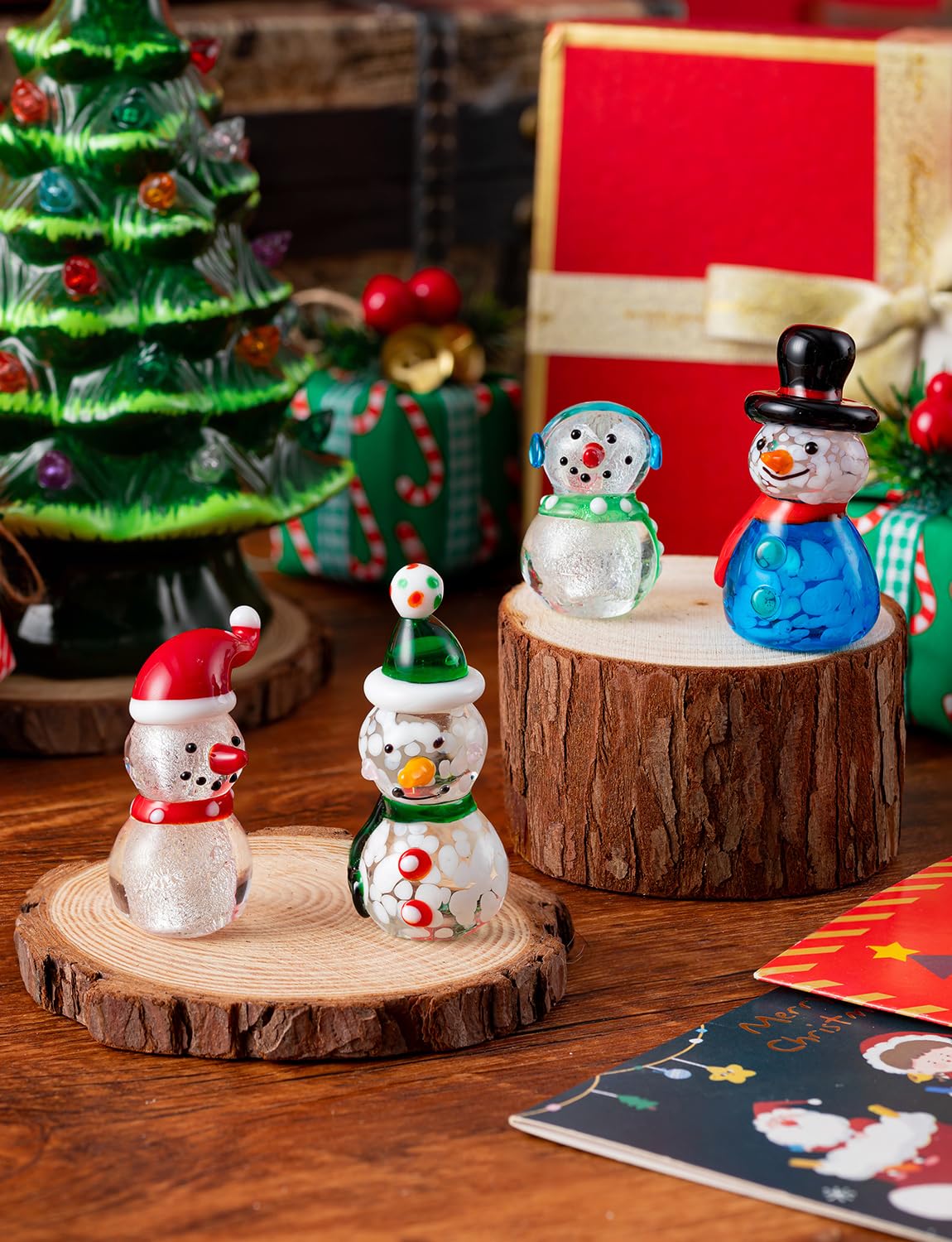 ALDMIO 4Pcs Blown Glass Snowman Decor, Mini Snowman Christmas Figurines Art Decorations for Home Festival Xmas Decoration