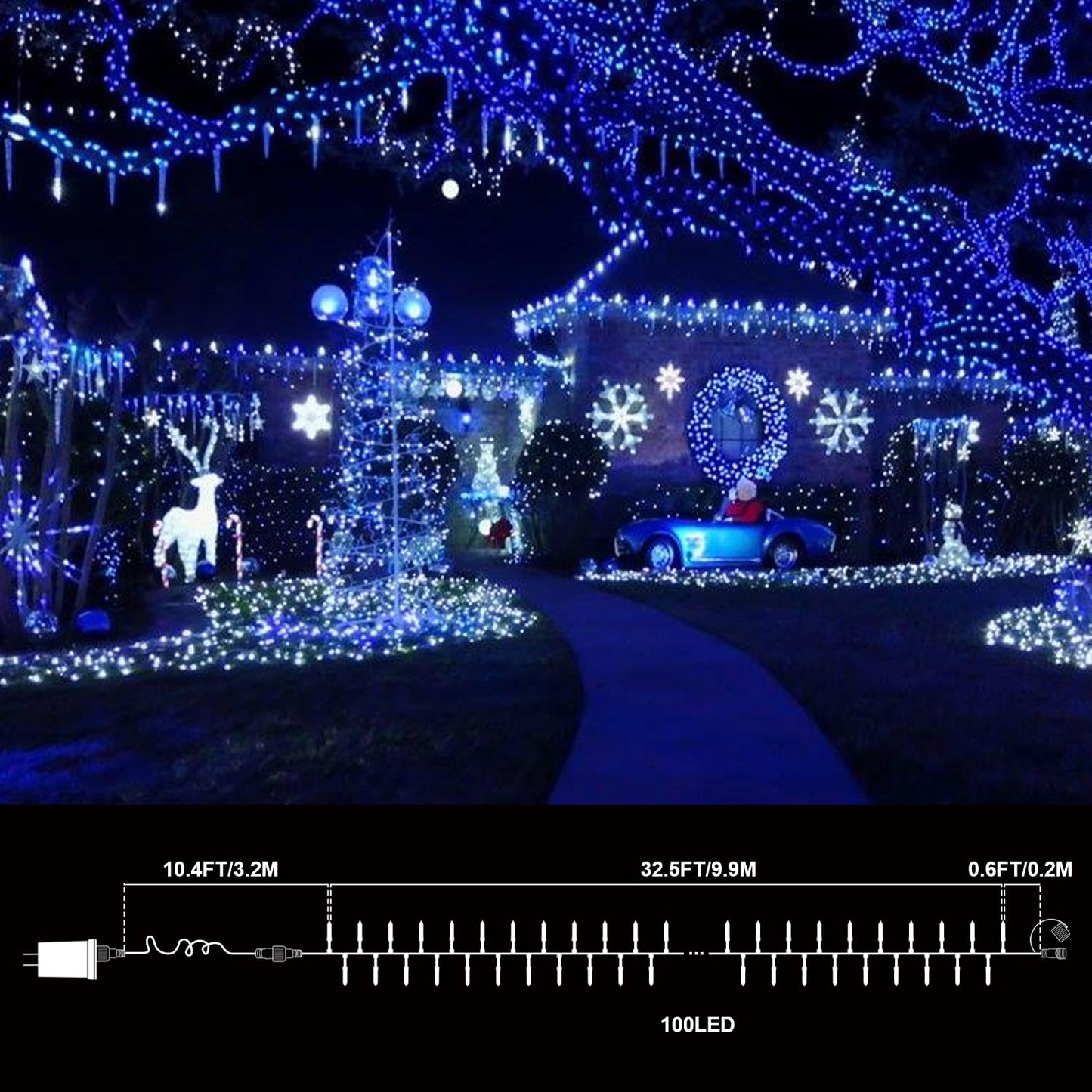 LAMPHOME 32.5FT 100LED Blue Christmas String Lights, 16 Modes Waterproof Fairy Lights Plug in, Twinkle String Lights Indoor Outdoor for Bedroom Wall Halloween Tree Party Home Decoration
