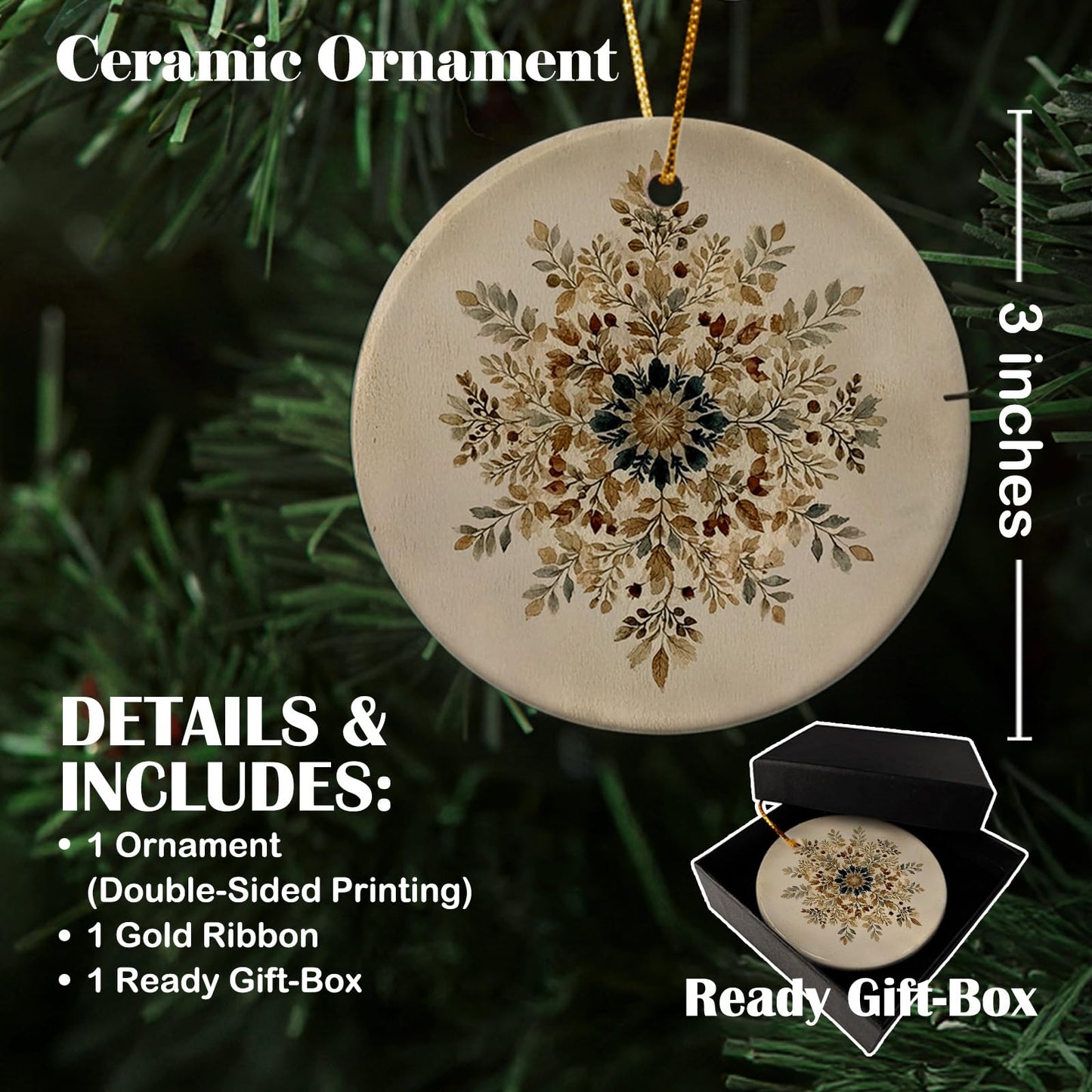 Ebroniah Winter Snowflake Snow Floral Christmas Ceramic Ornaments, Rustic Farmhouse Leaf Hanging Round Holiday Ornament Decor, Botanical Boho Beige Gifts Keepsake for Women Car Window Decorations 3in