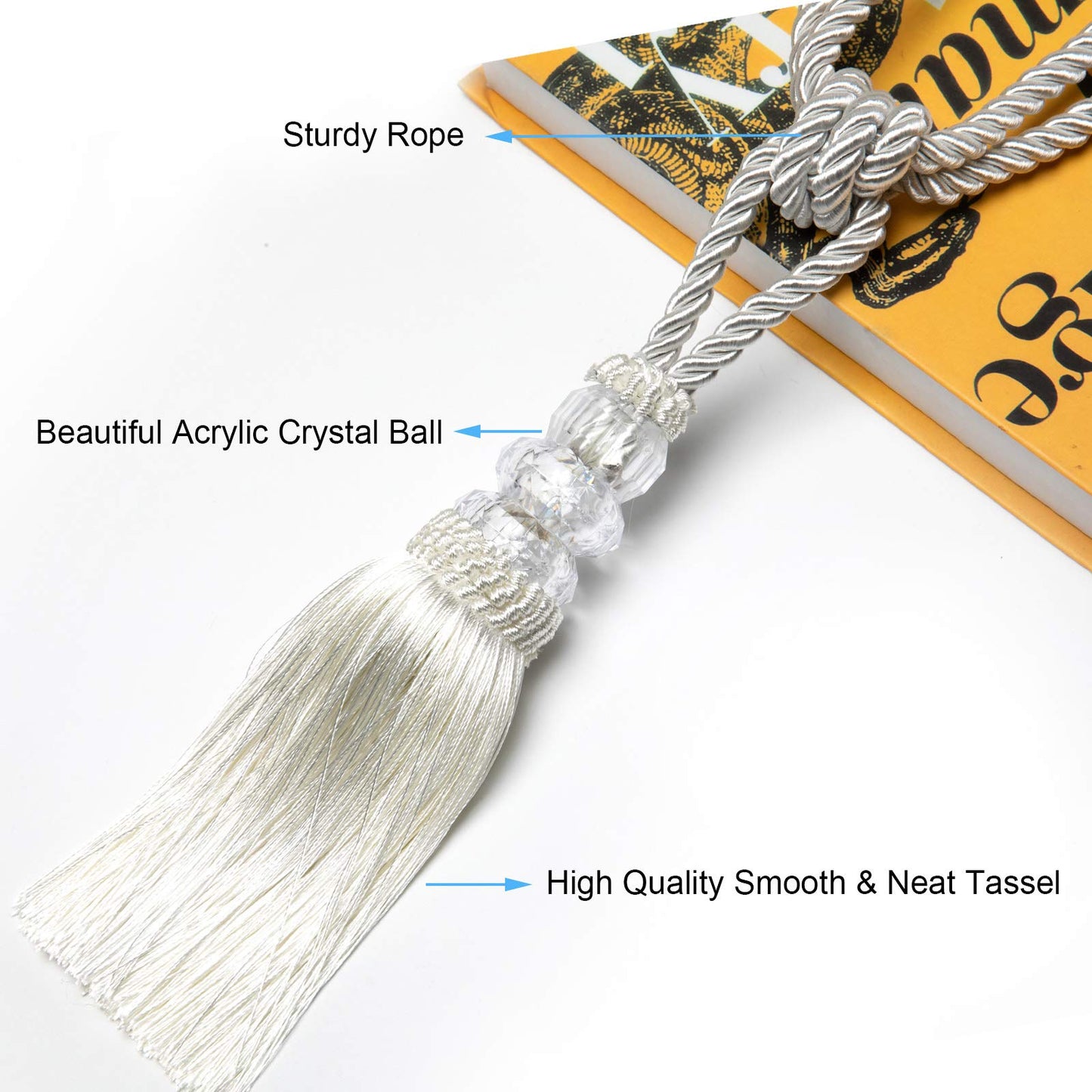 Fenghuangwu Tassel Curtain Tiebacks Handmade Curtain Tie Backs, Elegant Crystal Curtain Holdbacks for Home Office Decor (White, 2P)
