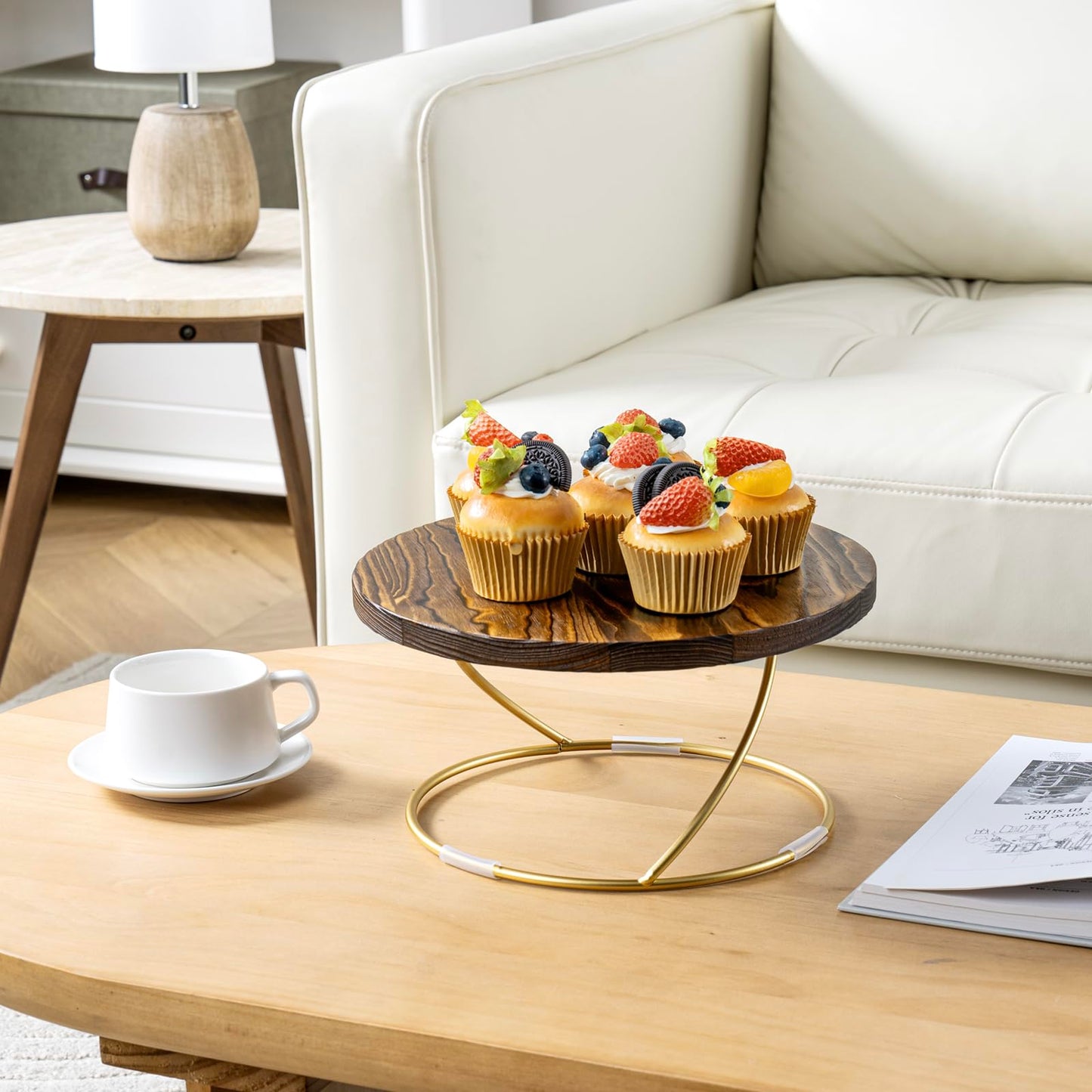 MyGift 11-Inch Round Pizza Pan Pedestal Stand – Rustic Burnt Wood with Gold Tone Metal Wire Base Display Riser, Ideal for Wedding, Party, Dessert, Cake, Cupcake, and Pie Display