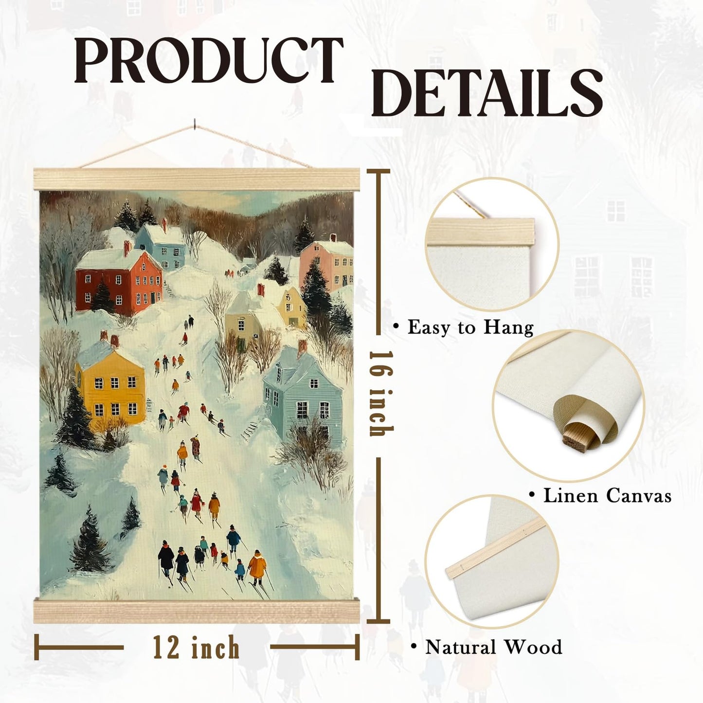 FOPENEM 16x12 Inch Winter Village Scene Wall Art – Snowy Town Canvas Hanging Print with Skating People for Holiday Decor