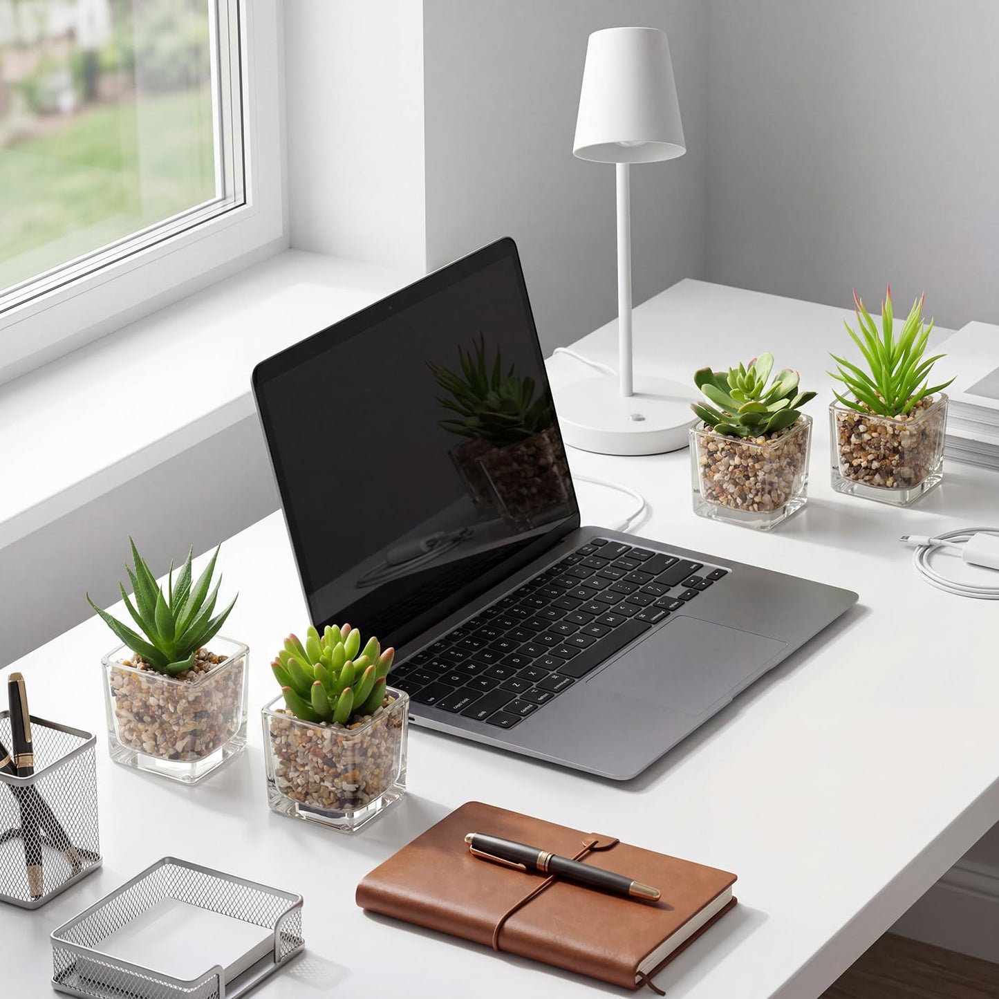 Briful Set of 4 Succulents Plants Artificial in Clear Glass Pots Small Fake Succulents Plants Mini Faux Plants Indoor for Window Sill Office Table Desk Shelf Bathroom Decor