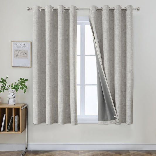 Joydeco Blackout Curtains 63 Inch Length, Living Room Curtain 2 Panels Set, Grommets Room Darkening Textured Thermal Drapes, Greyish White Blackout Curtains for Bedroom (42x63inch)