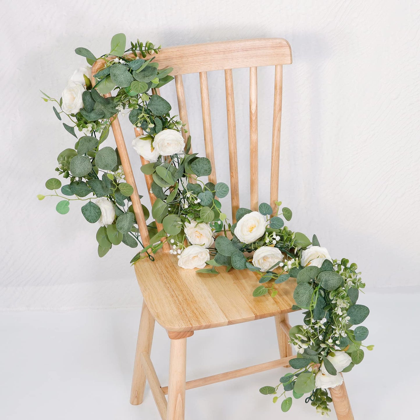 TOCHGREEN 2 Pack 13Ft Artificial Eucalyptus Flower Garland with White Roses, Fake Rose Flower Greenery Garland Floral Vines for Wedding Home Party Table Runner Decor (2PCS, White)