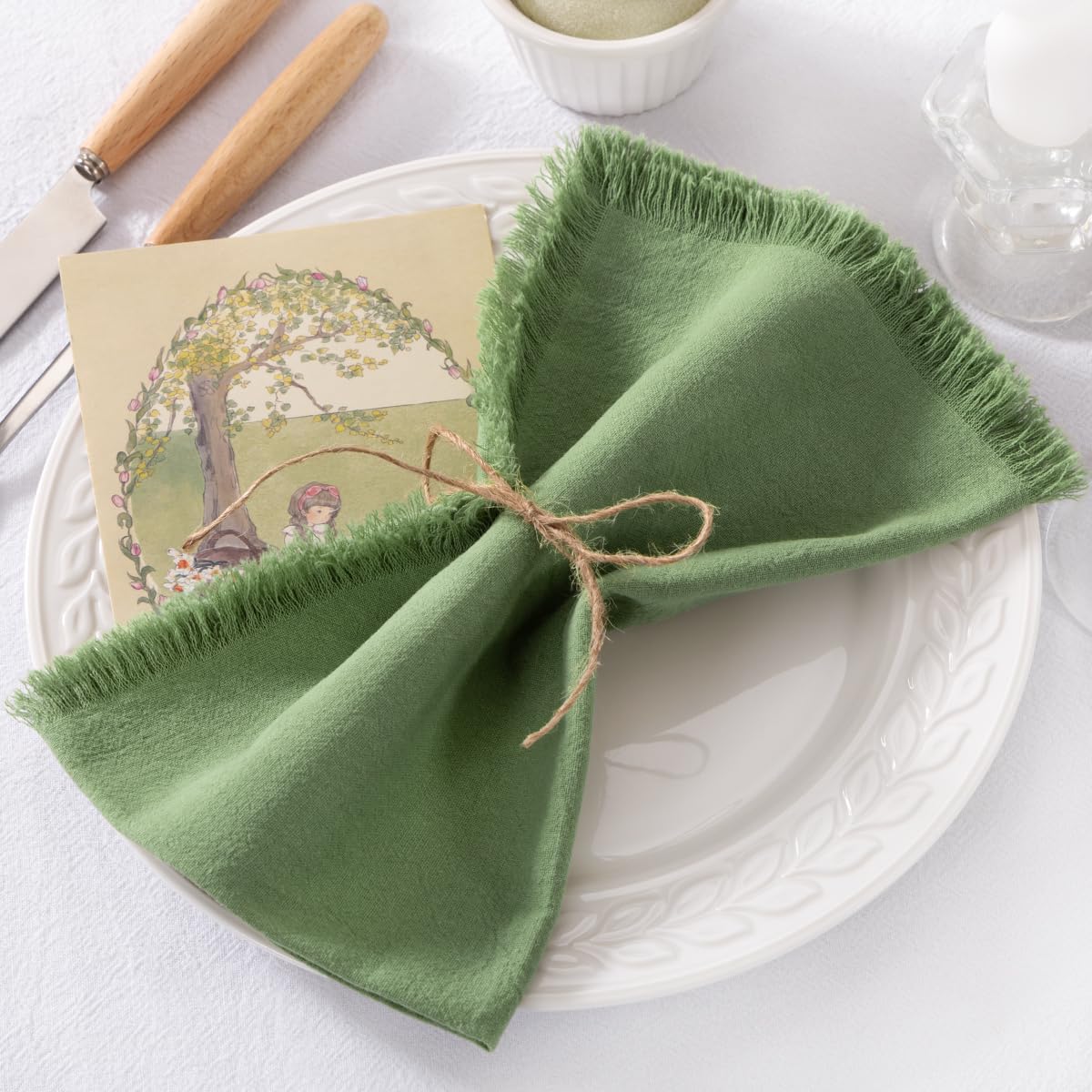 DeZerlor 6 Pack Sage Green Cotton Linen Napkins with Fringe Spring Cloth Napkins Set of 6 Boho Handmade Dinner Napkins Bulk for Wedding Bridal Baby Shower Parties, 17 x 17 Inches