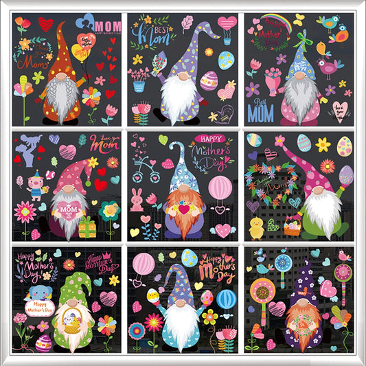SeBneny Mother's Day Window Clings - 9 Sheets, Multicolor Cartoon Gnome Decals - Waterproof PVC Stickers for Glass, Ceramic, Refrigerator - Happy Mother's Day Window Decor