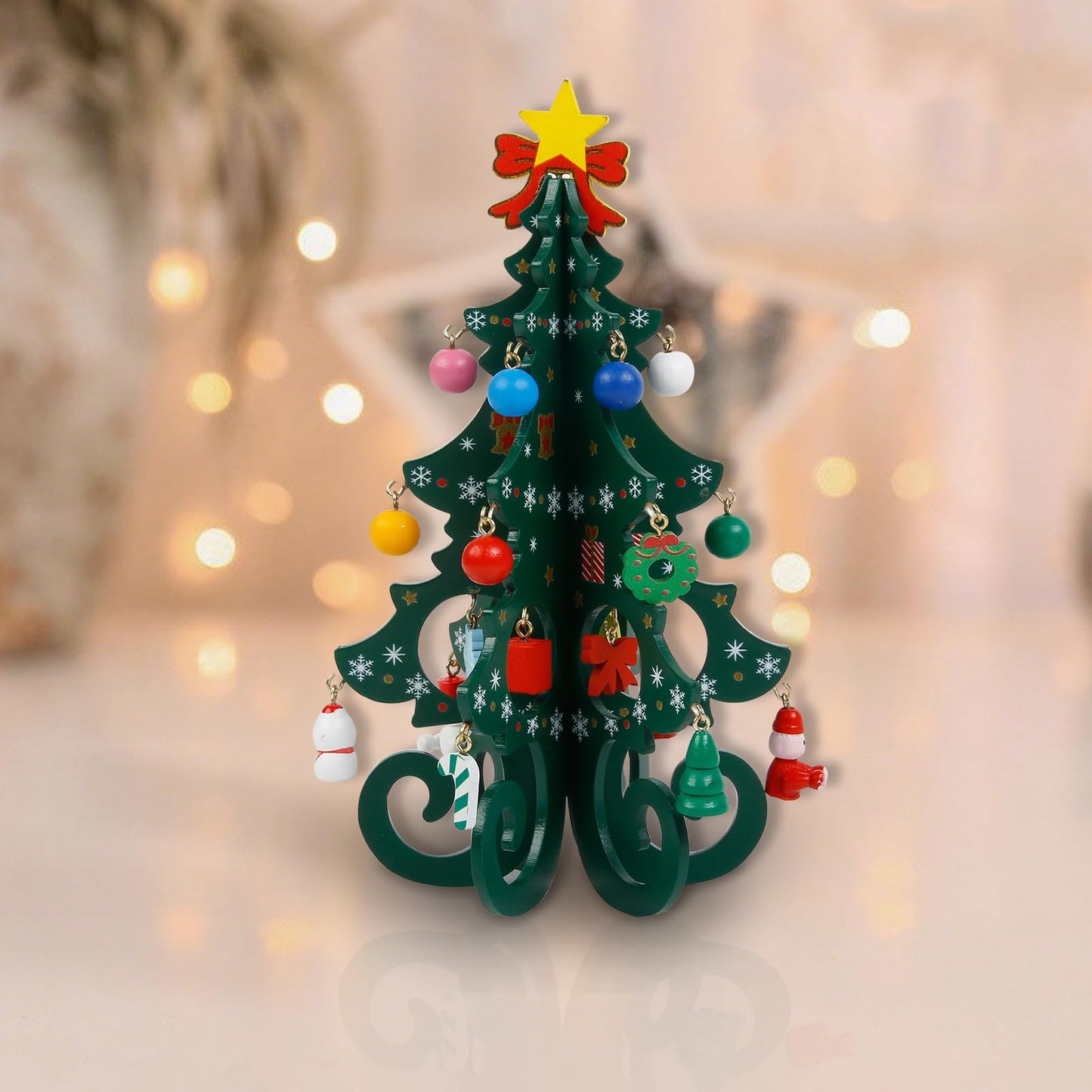 TEBIEKOY DIY Mini Wooden Christmas Tree with Ornaments Set, Cute 7 Inch Small Xmas Tree Kit with 24 Hanging Decorations New Year Parties Supplies, Easy Installing Holiday Craft Gift for Families