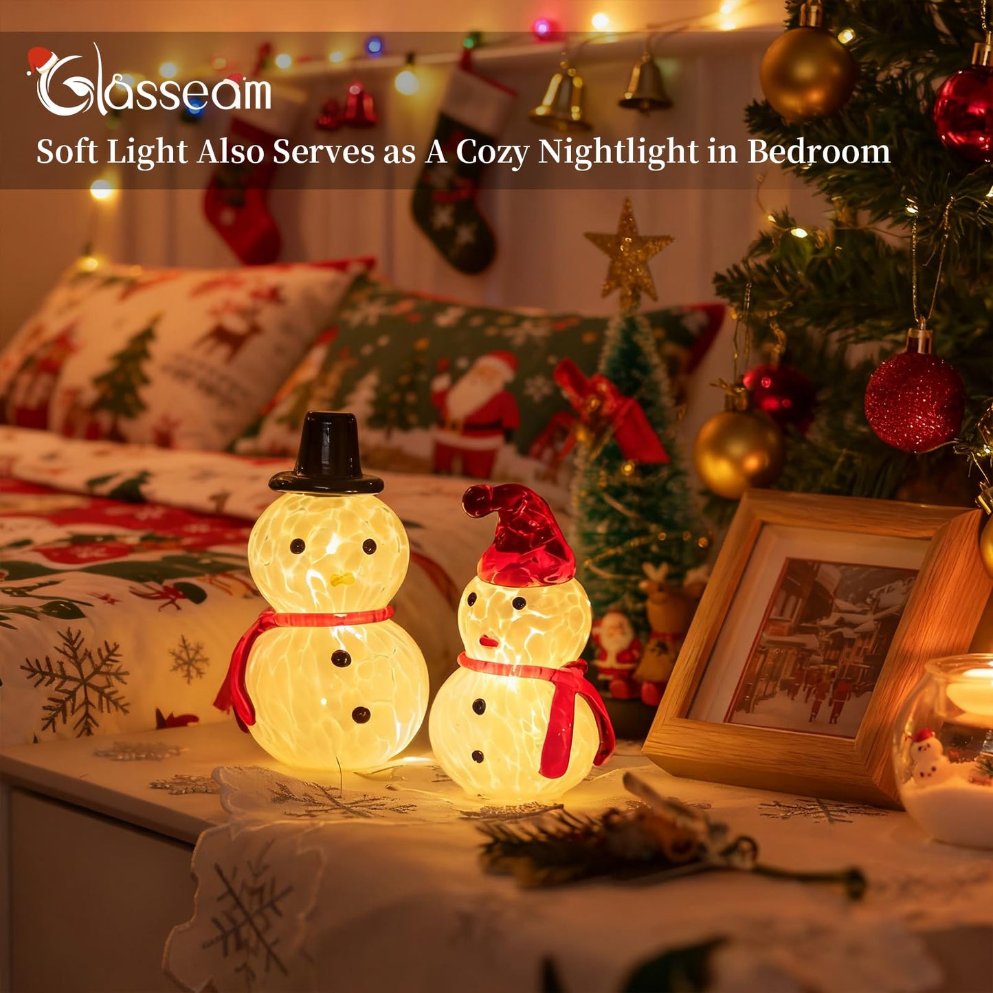 Glasseam Snowman Figurines Christmas Decorations: 2Pcs Cute Glass Light up Snowman Ornaments - LED Christmas Figurines Battery Operated Xmas Decor Gifts for Winter Holiday Home Table Window Fireplace