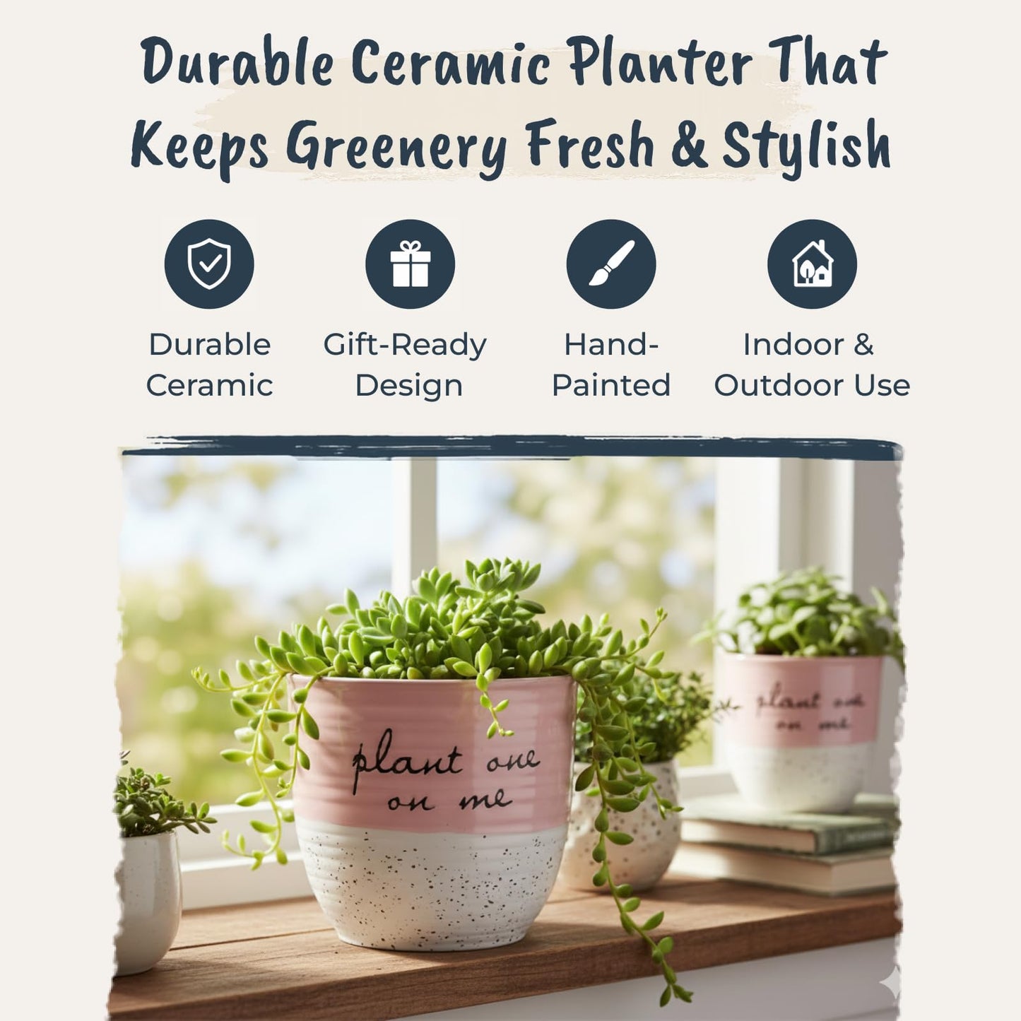 Blue Sky Clayworks Patricia 5" Flower Pot, Ceramic, 6" D x 5" H, Blush Script & Speckles