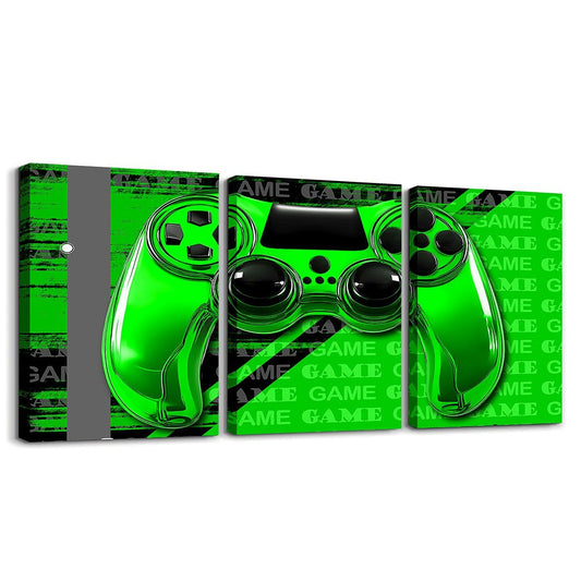 Feelyou Gamer Canvas Wall Art 12" x 16" 3 Piece Game Controller Office Wall Artwork Posters for Teens Adults Gaming Gifts Bathroom Wall Art for Home Gamepad Green and Black Wall Painting