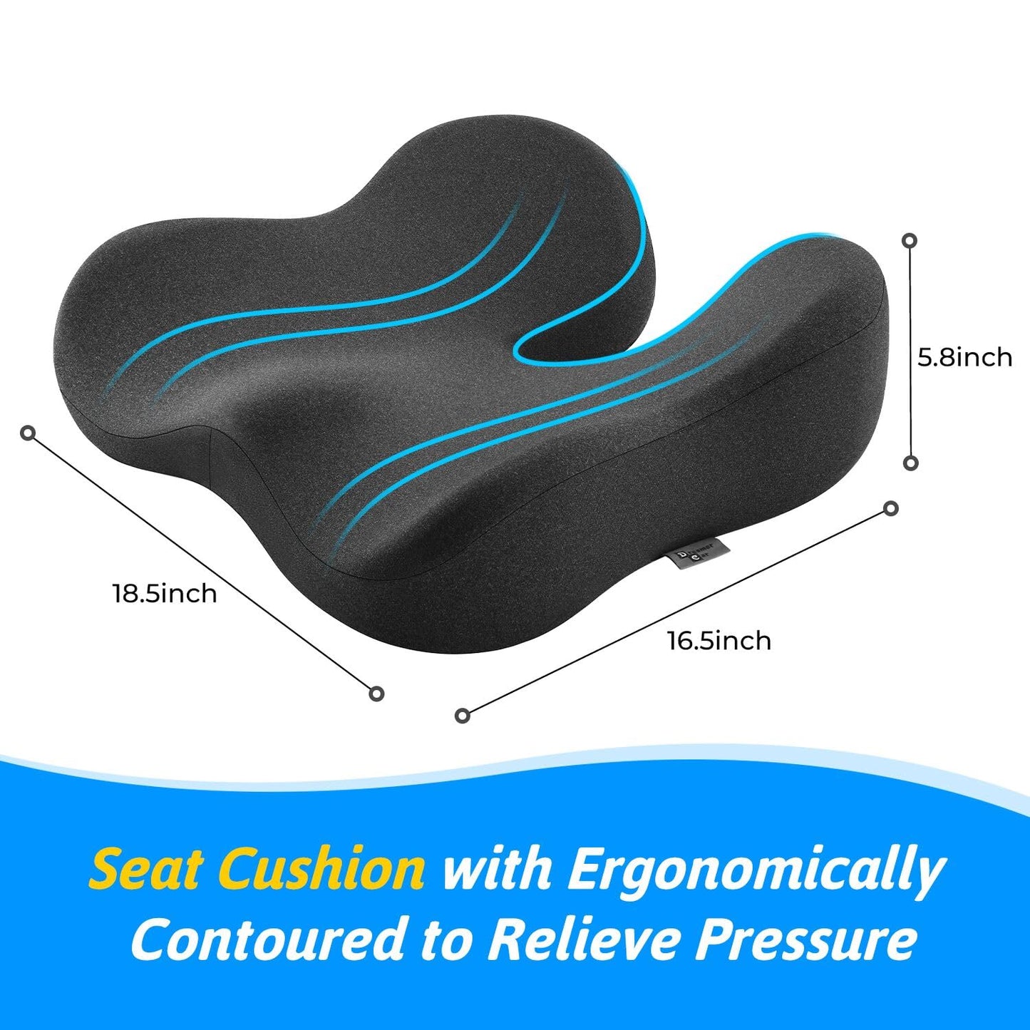 Seat Cushion for Tailbone & Sciatica Pain Relief – Certified & Ergonomist-Designed – Tapered Front Edge Reduces Thigh Pressure – Wide Memory Foam for Office Chair, Car, Wheelchair (Gray)