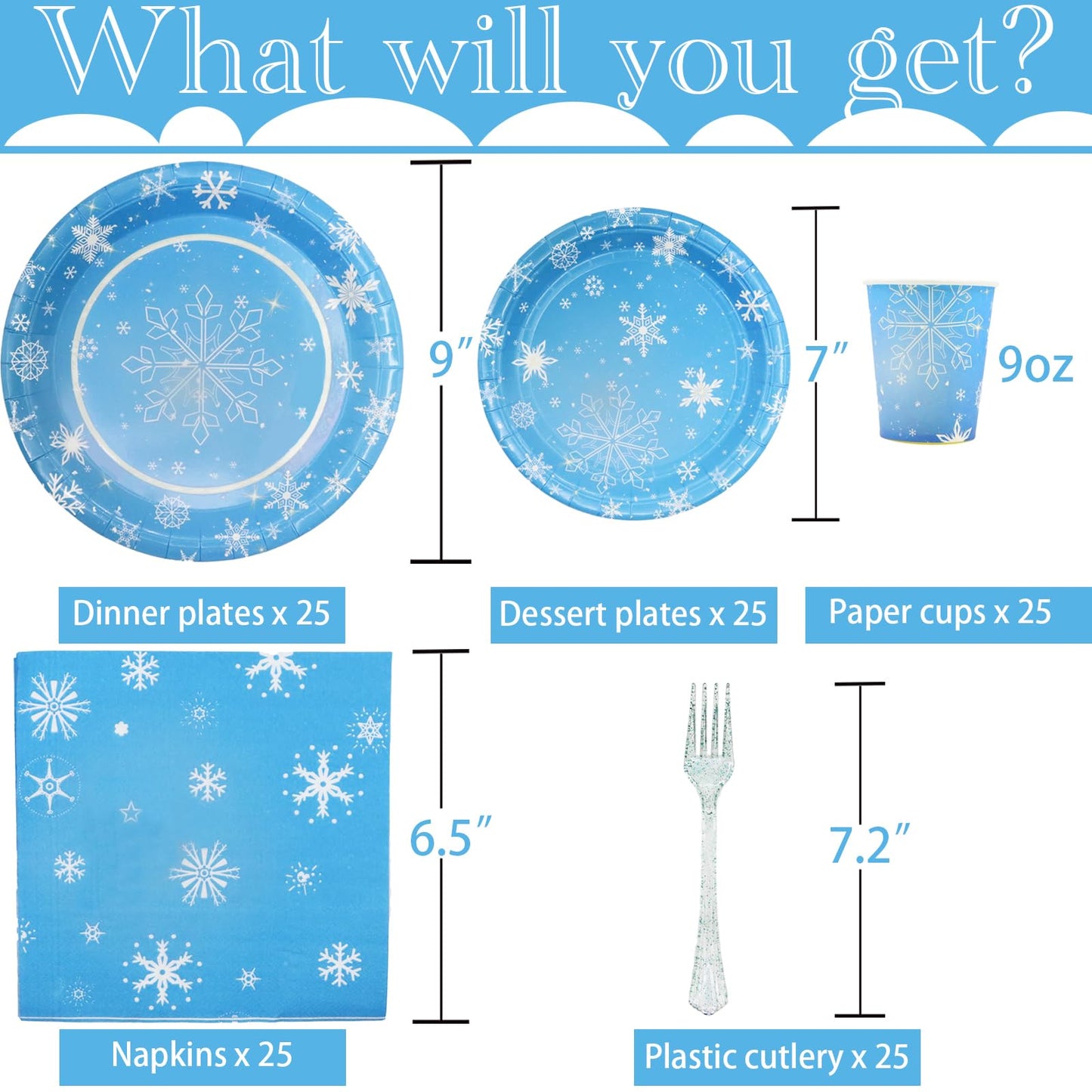 Decodinli Christmas Snowflake Party Supplies Serves 25, Frozen Birthday Party Decorations, Winter Snowflake themed Disposable Plates and Napkins Set, Winter Wonderland Holiday Party Tableware Set