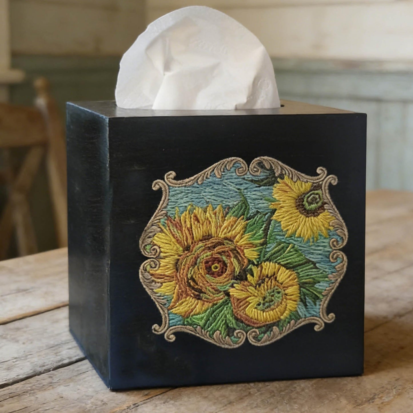 TAIANLE. Rustic Wooden Tissue Box Cover Square, Floral Sunflower Model Facial Tissue Holder, Wood Flower Box Cover Square Cube for Bathroom Bedroom Dinner Decro