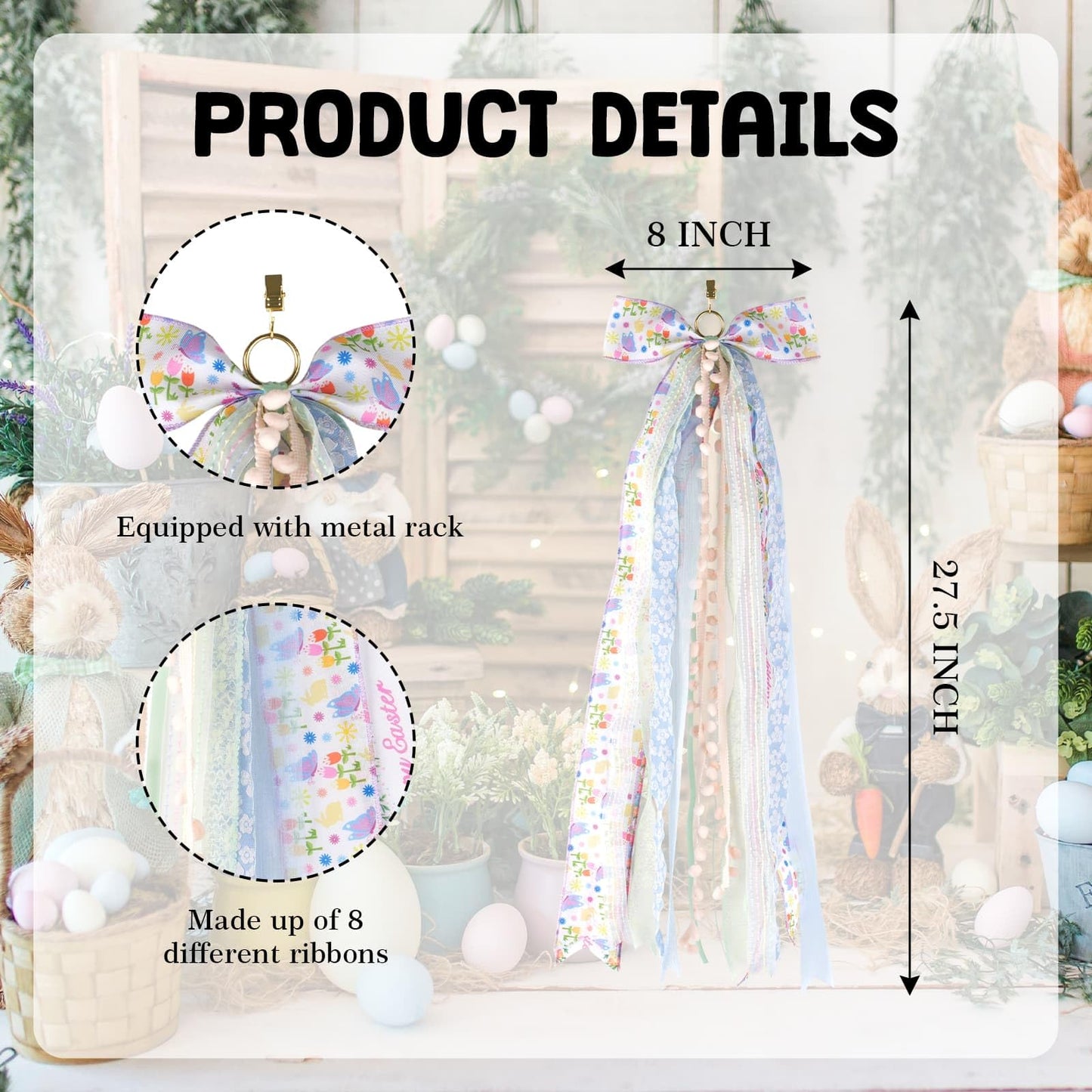 NUVCELKA Easter Door Bow with 8 Ribbons, 27.5" Spring Decoration Swag for Front Door Wreath Wall, Farmhouse Bow Decor with Pom-Poms for Home Holiday