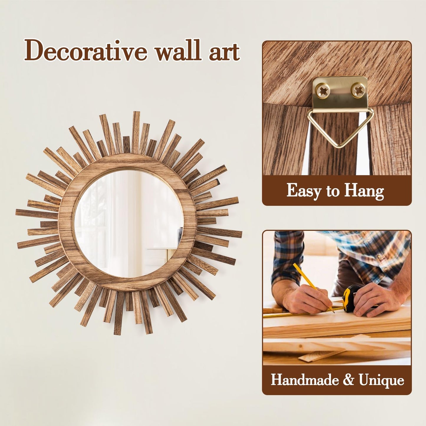 amoard 12 Inch Boho Sunburst Mirror, Round Wooden Wall Decor Starburst Sun Mirror for Bedroom, Living Room, Bathroom, Hallway, Balcony, Farmhouse Entryway, Housewarming Gift