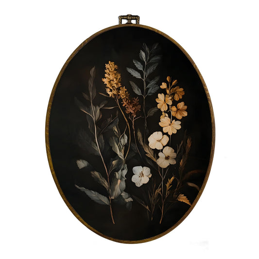 dvhdajed Dark Moody Fall Floral Oval Wall Art Decor, Dark Academia Botanical Framed Canvas Art, Gothic Cottagecore Wildflower Oval Wall Hanging Decor for Gallery Bedroom Living Room, 8.7x11.3 Inch