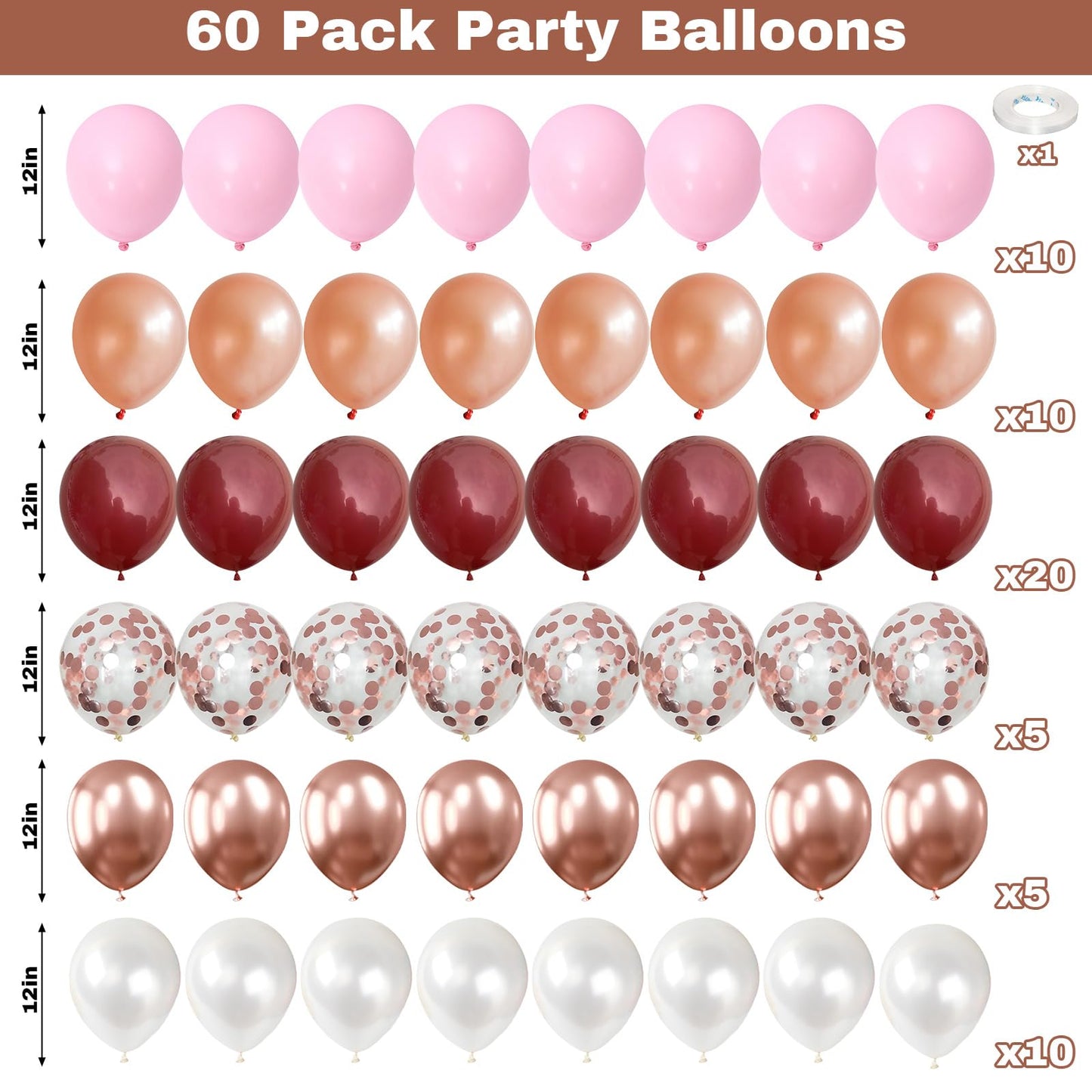 Burgundy Red and Pink Balloons, 60 Pack 12in Rose Gold Wine Red Light Pink White Latex Balloon Metallic Rosegold Confetti Helium Party Balloons for Women Girls Birthday Wedding Anniversary Decorations