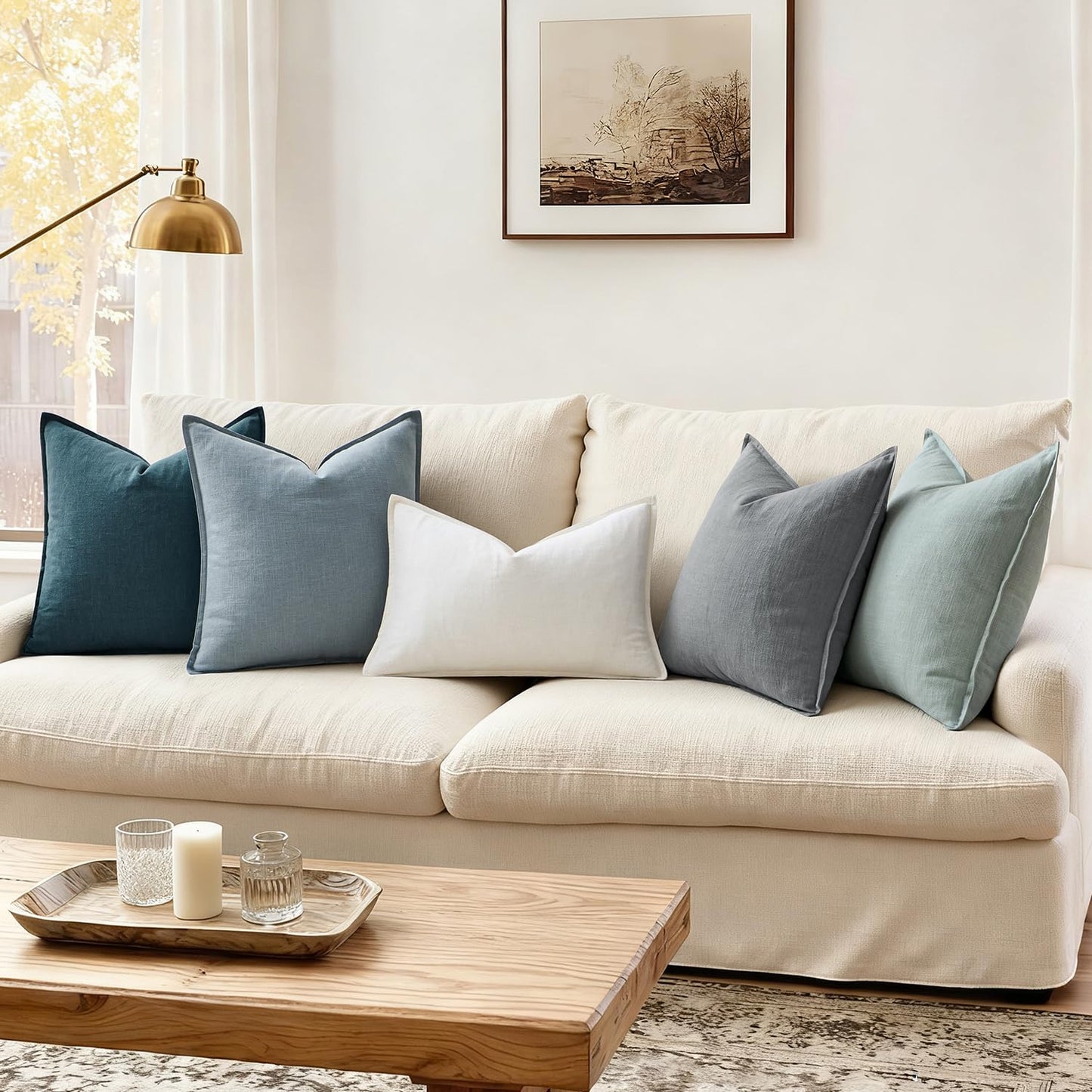 ANRODUO Pack of 2 Decorative Linen Pillow Covers Aqua Green Neutral Farmhouse Boho Soild Cushion Case Soft Accent Pillowcase for Couch Sofa Bedroom Living Room Spring Home Decor 18 x 18 Inch