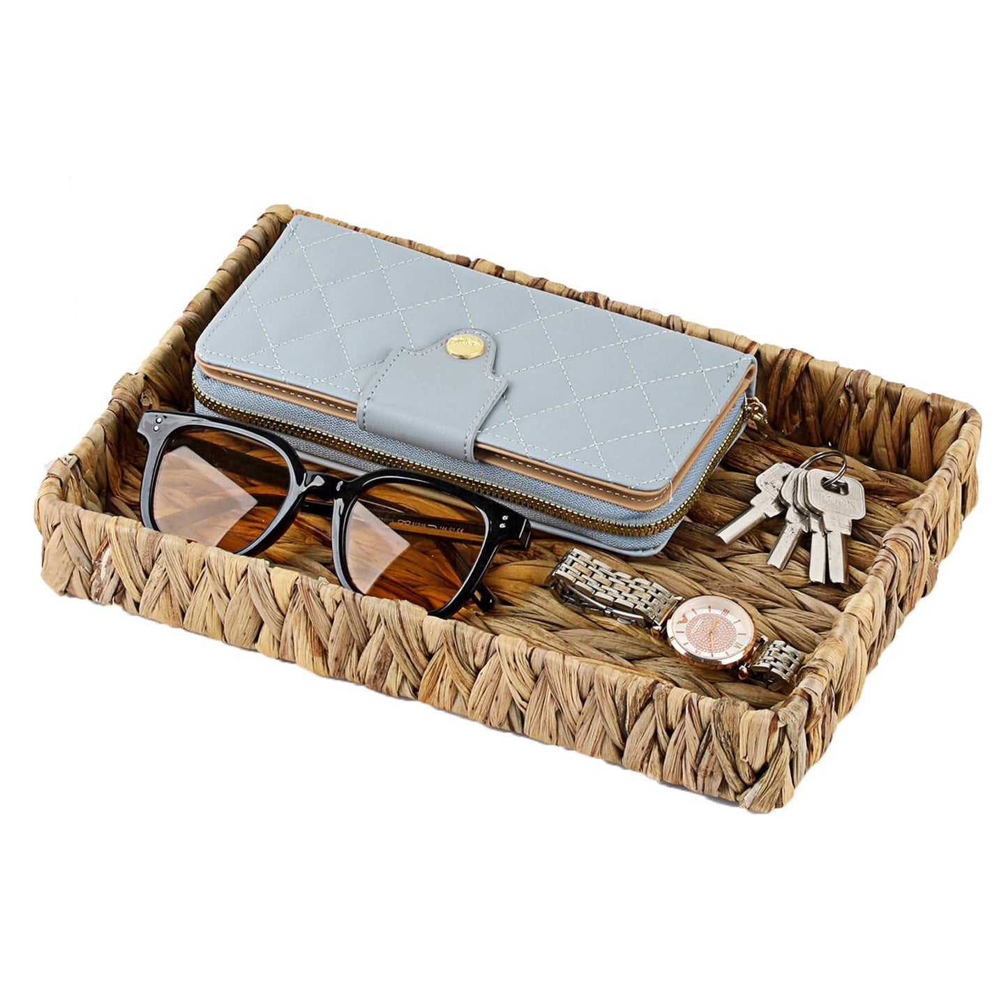 GUSHBIN Decorative Key Holder for Entryway Table Handwoven Natural Water Hyacinth Basket Tray Rectangular Serving Tray, 11.9" x 7.9" x 1.6"