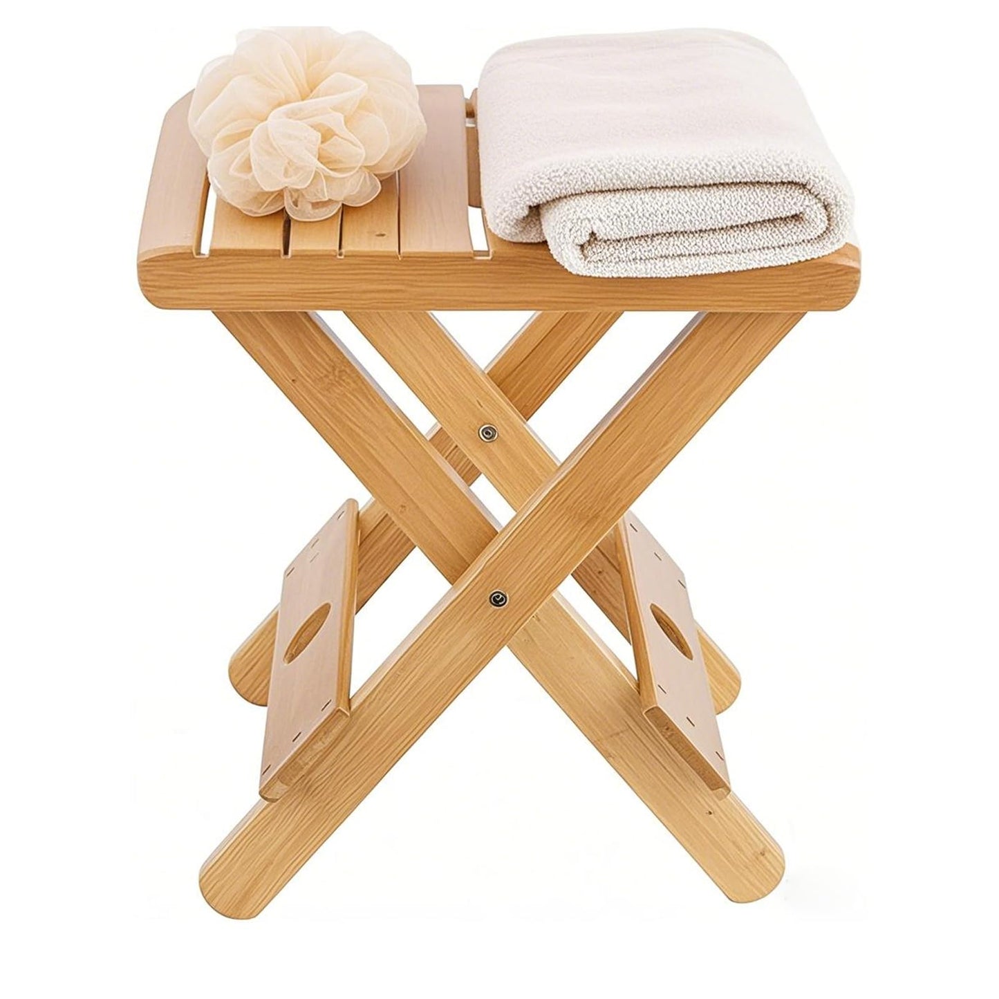 HOZEON 2 Pack 11 x 11 x 12.6 Inches Natural Bamboo Folding Stool for Shaving, Shower, Foot Rest, Picnic, Fishing