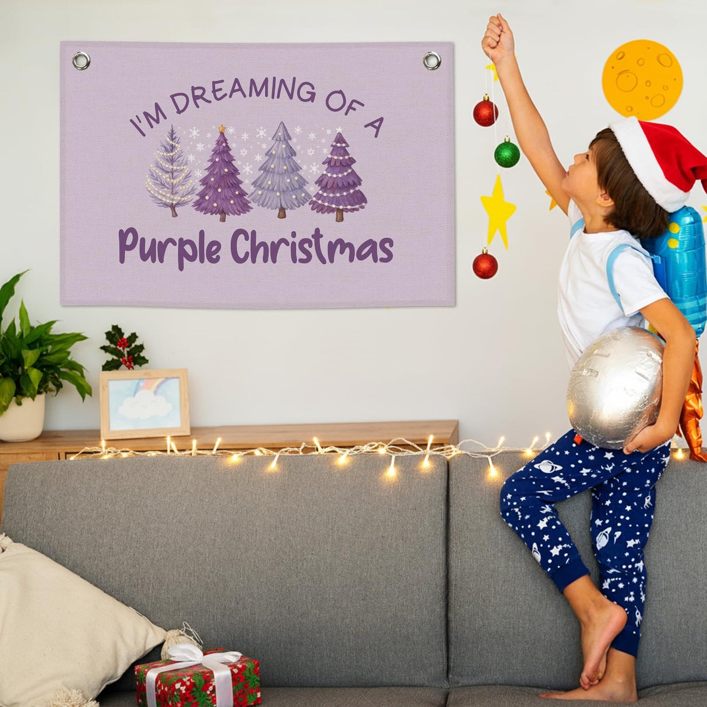 MNASAIOO Purple Christmas Tree Kids Banner, Preppy Trendy Girls Girly Room Decor, Winter Nursery Canvas Flag Wall Hanging Decor Art for Holiday Classroom Playroom Toddler Room Bedroom Dorm 20x30in