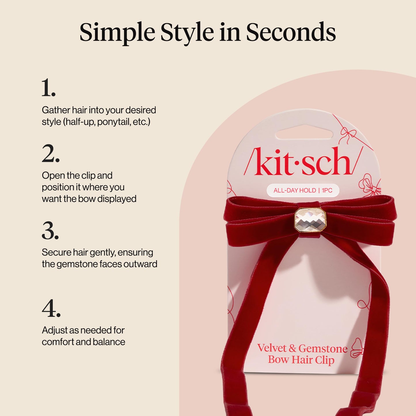 Kitsch Velvet Bow Hair Clip with Gemstone – Red Duckbill Hair Clips for Women | Lightweight, Comfortable, Secure Hold | Perfect Hair Accessories, Gifts for Women