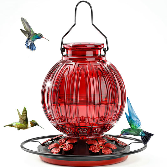 Glass Hummingbird Feeder for Outdoors Hanging, 26Oz Bird Nectar Feeder with Perch & 5 Flower Feeding Ports, Leak Proof for Outside Garden Decor Backyard, Gifts for Women Mom, Red