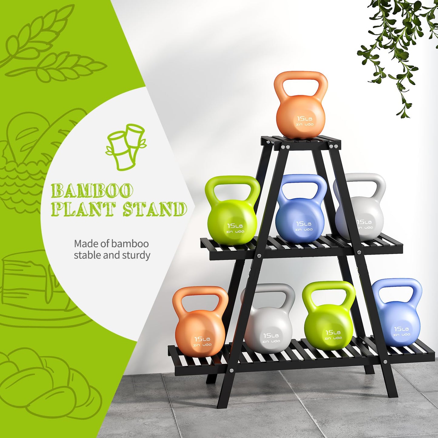 BMOSU Plant Stand Bamboo for Indoor Outdoor Tiered Plant Shelf 8 Potted Flower Holder Ladder Rack Garden Balcony Living Room Patio(3 Tier Black)