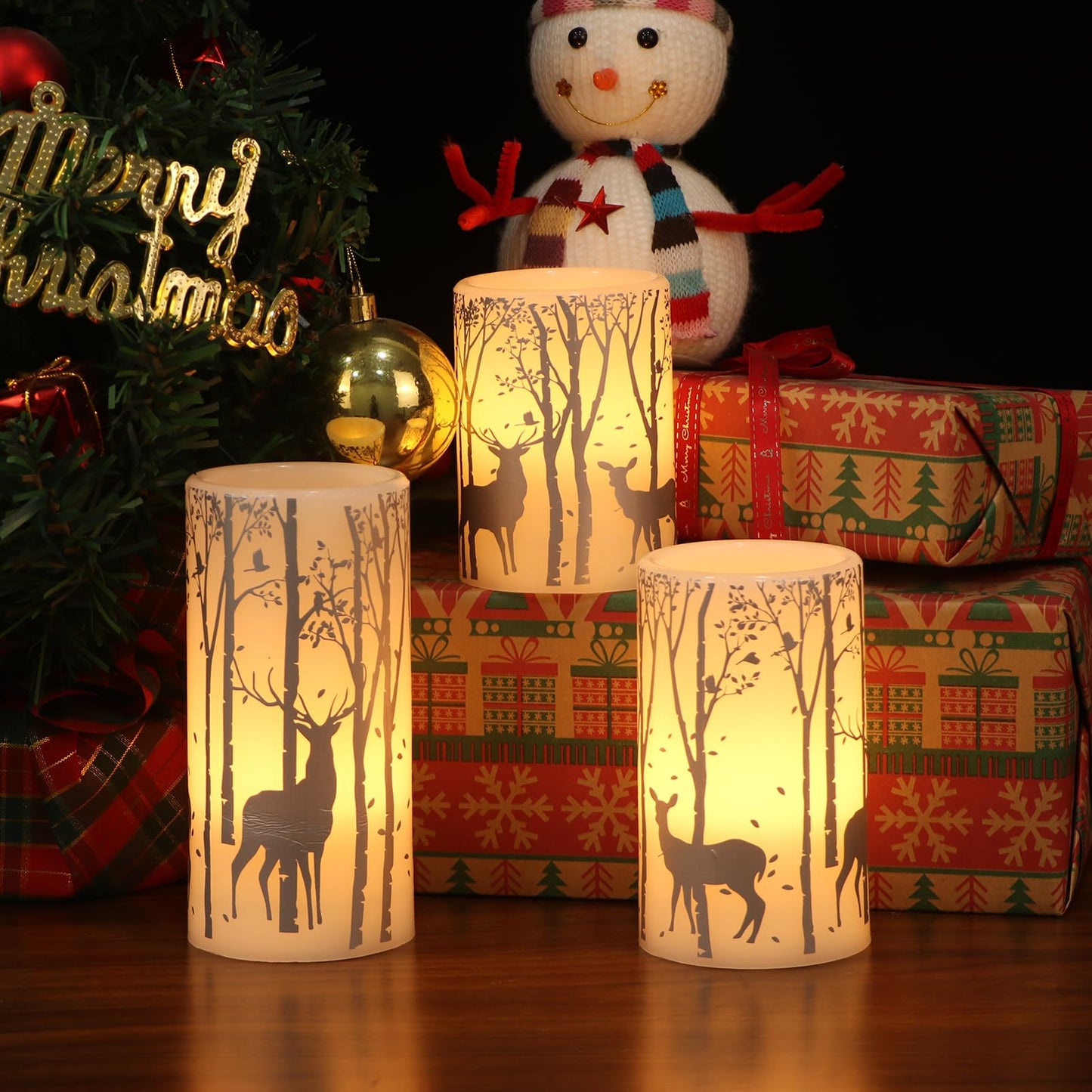 Eldnacele Christmas Flickering Flameless Candles with 6 Hour Timer, Silver Deer Decal Battery Operated Real Wax LED Pillar Candles Home Tabletop Holiday Decor(3Pcs,3×4/5/6 Inches)