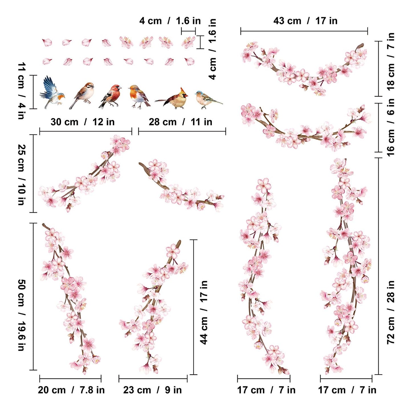 Cherry Blossom Wall Decals, Pink Vine Flowers, Hanging Floral Tree Branch and Birds Peel & Stick Wall Stickers for Bedroom, Living Room, Nursery, Sofa, Office Decor