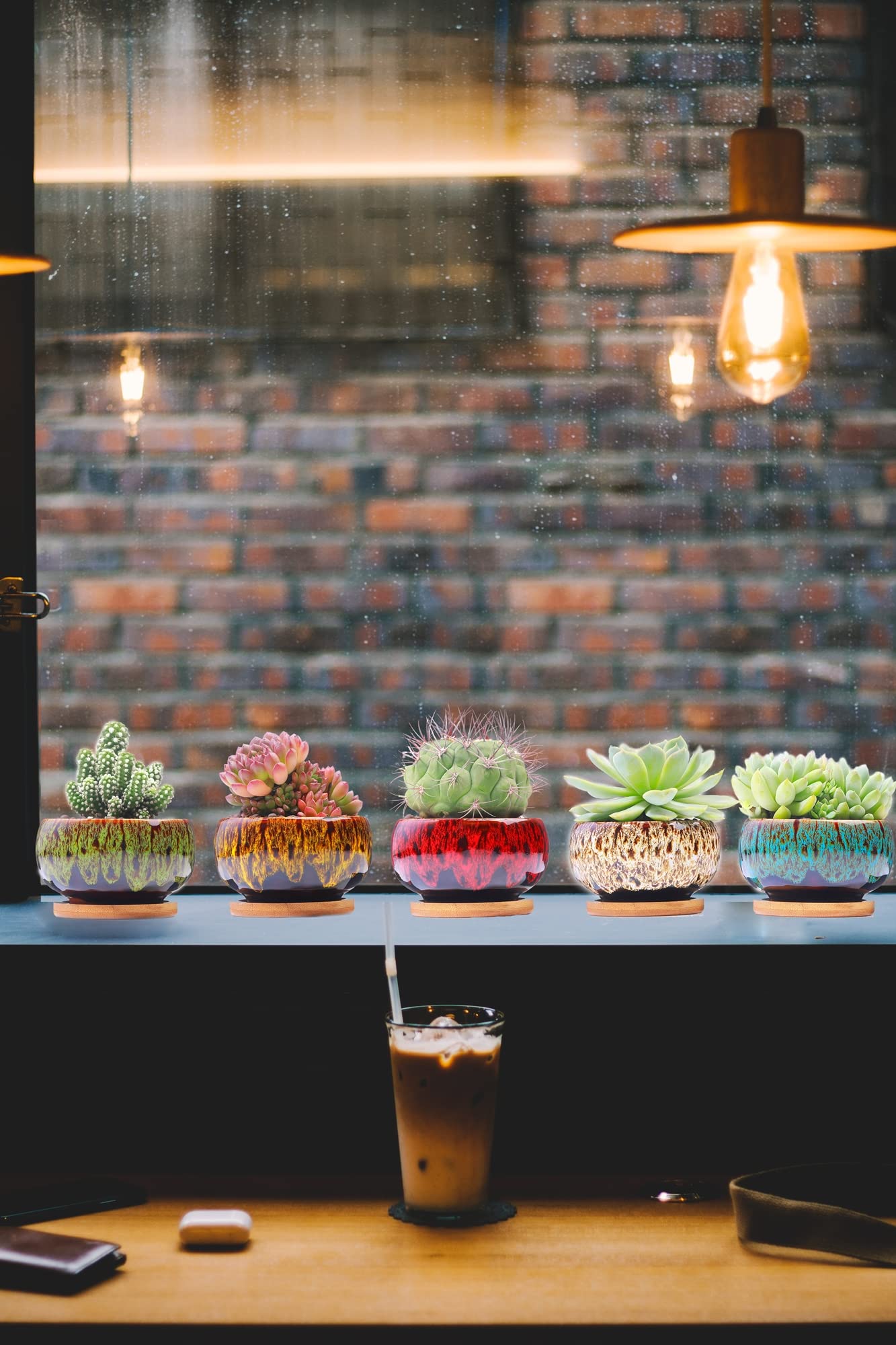 LamDawn Cute Ceramic Succulent Garden Pots, Planter with Drainage and Attached Saucer, Set of 5 -Plants Not Included (Round)