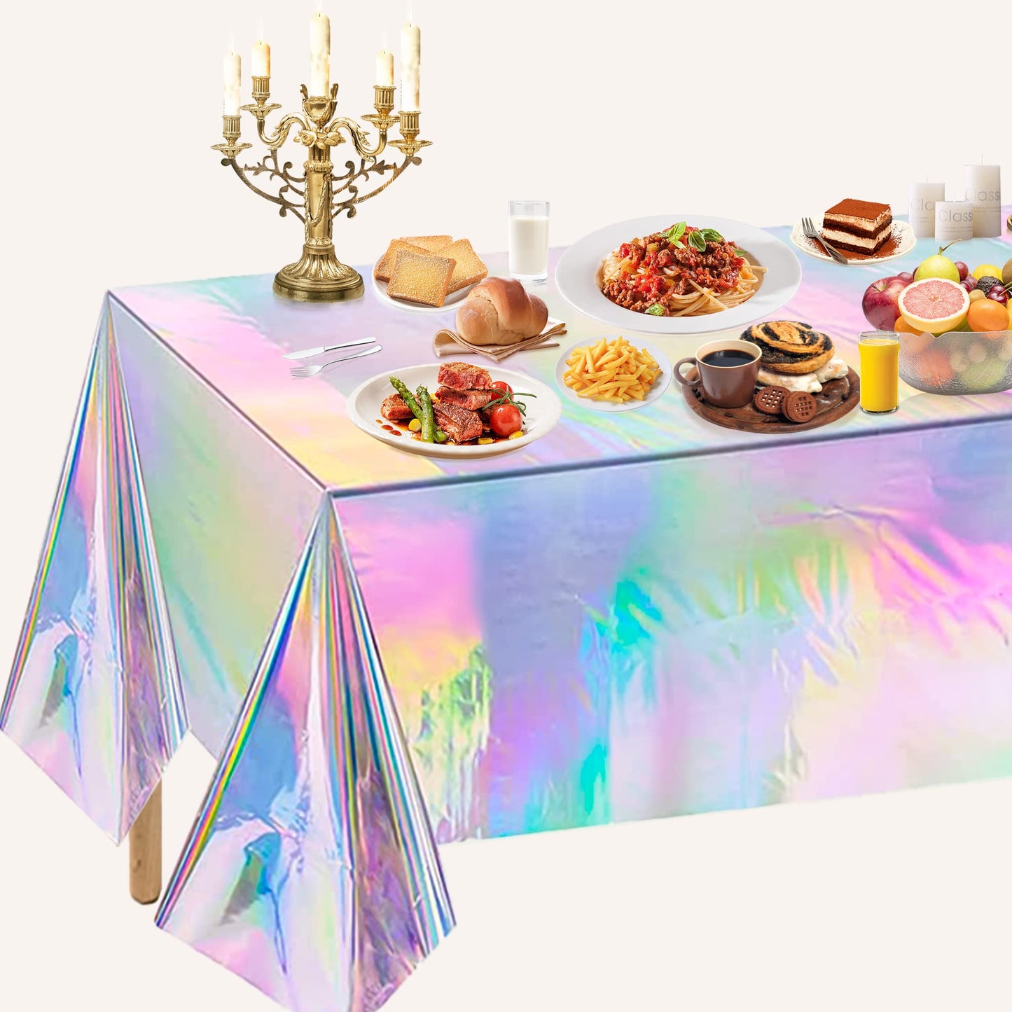 OHOME 4 Pack Iridescence Plastic Tablecloths Disposable Galentines Day Decorations New Years Birthday Disco Bachelorette Bridal Wedding Rainbow Iridescent Party Decorations 54" x 108"