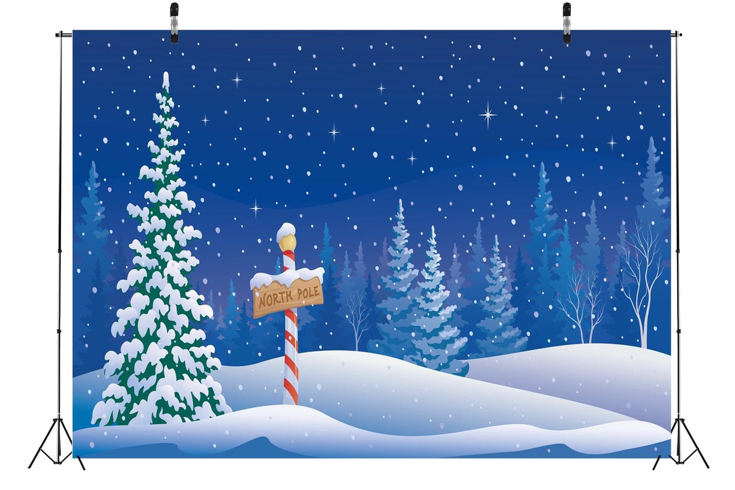 BELECO 5x3ft Fabric Cartoon Winter Christmas Backdrop North Pole Snowing Forest Blue Starry Night Winter Wonderland Background Xmas New Year Theme Party Decorations Banner Photo Booth Studio Props