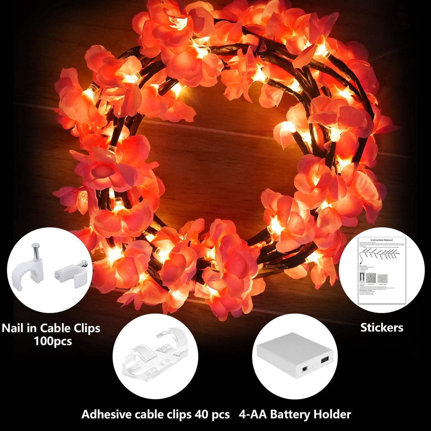 FNHMSL Cherry Enchanted Willow Vine Lights, 4FT 48LED Pink Cherry Blossom Tree Branch Lights for Wall, Remote Timer,8 Light Model,Bedroom Wall Doors Wedding, Christmas, USB Battery Box