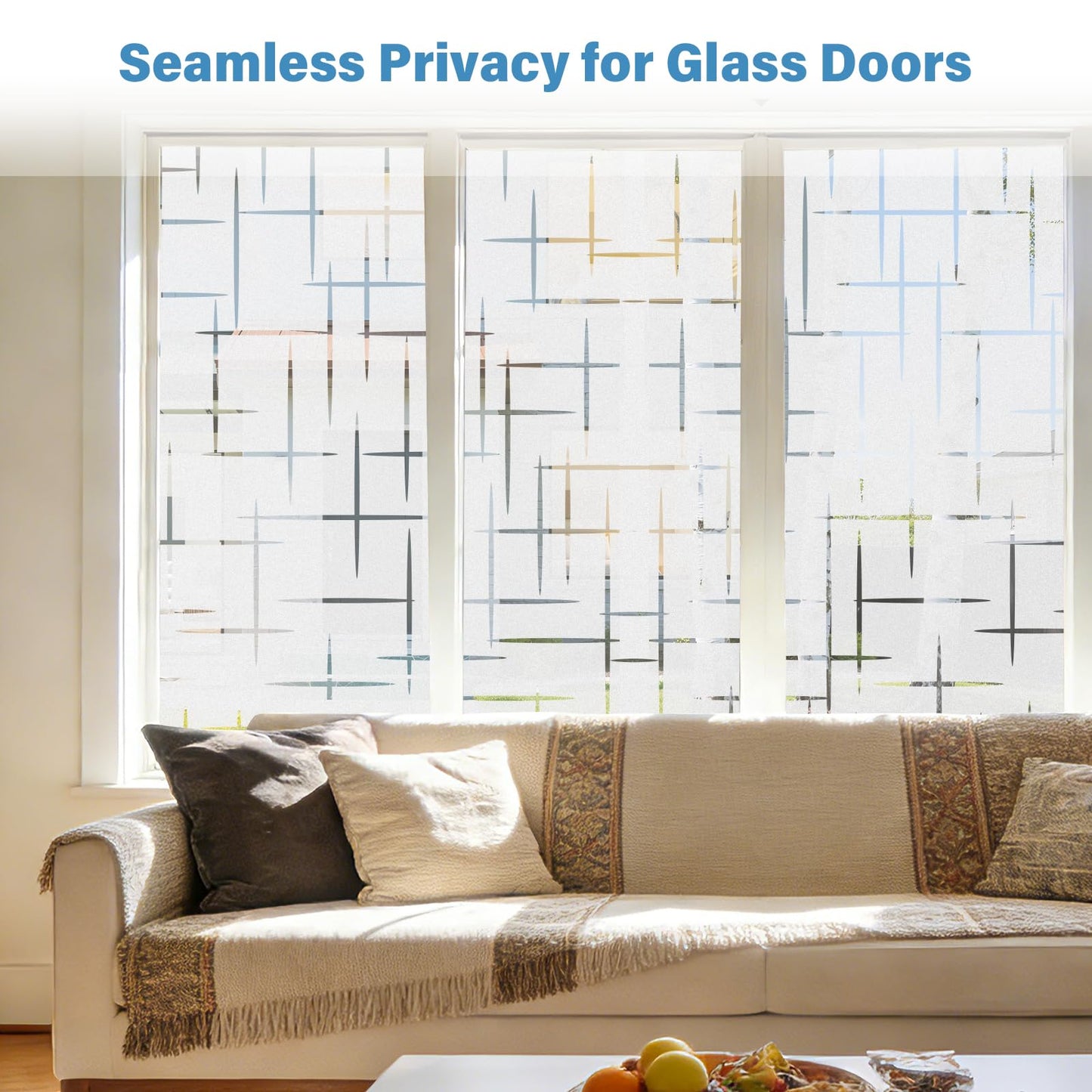 Finnez Frosted Window Film Non-Adhesive, Frosting Privacy Film for Glass Windows, Self Static-Cling Decorative Window Cling for Home Office UV Protection Cross Pattern 17.5 x 78.7 inches