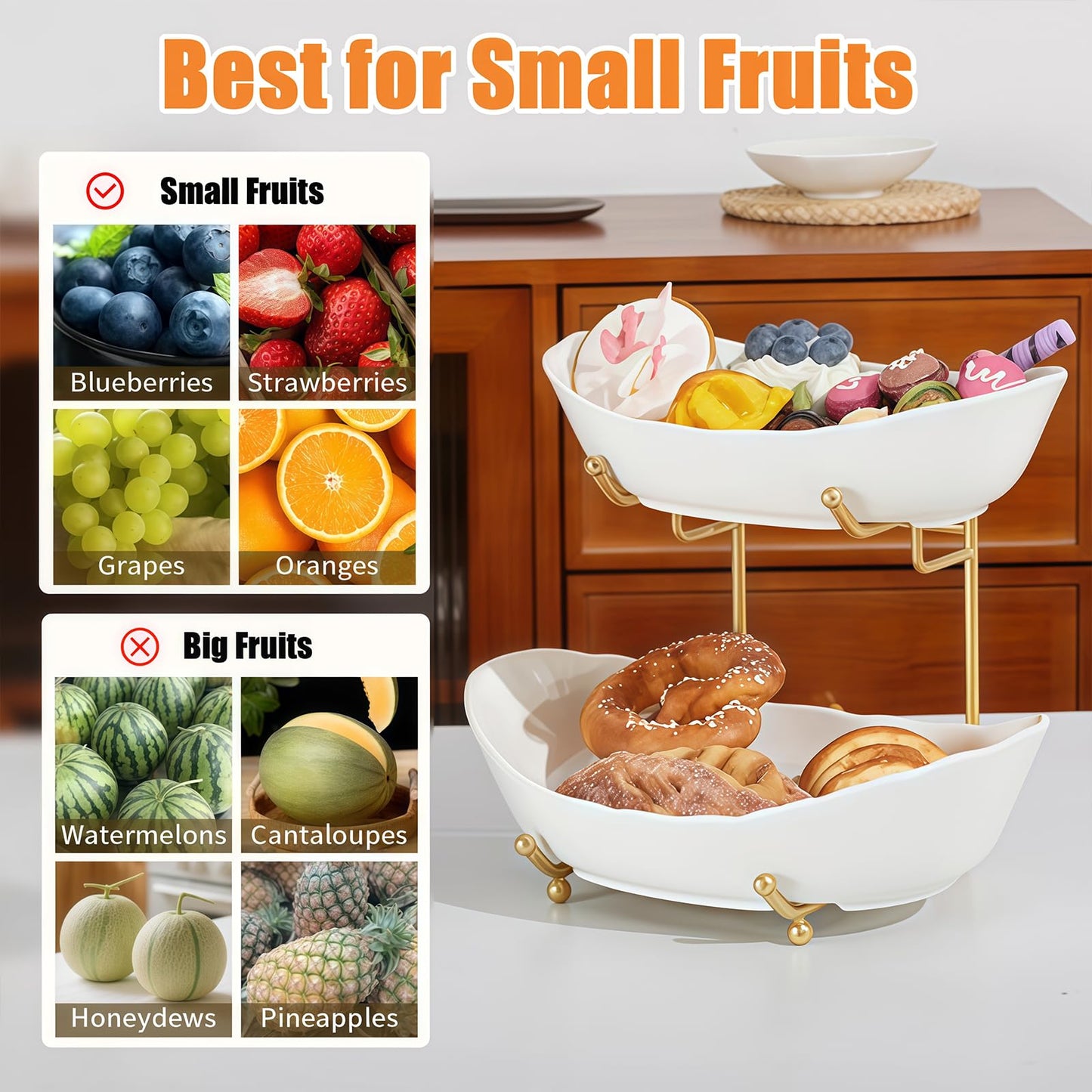 HOMKULA 2 Tier Ceramic Fruit Bowl for Kitchen Counter, Tiered Fruit Basket for Countertop, Modern Multi Layer Fruit Display Stand for Party, Cute (Gold&White, Small) 1
