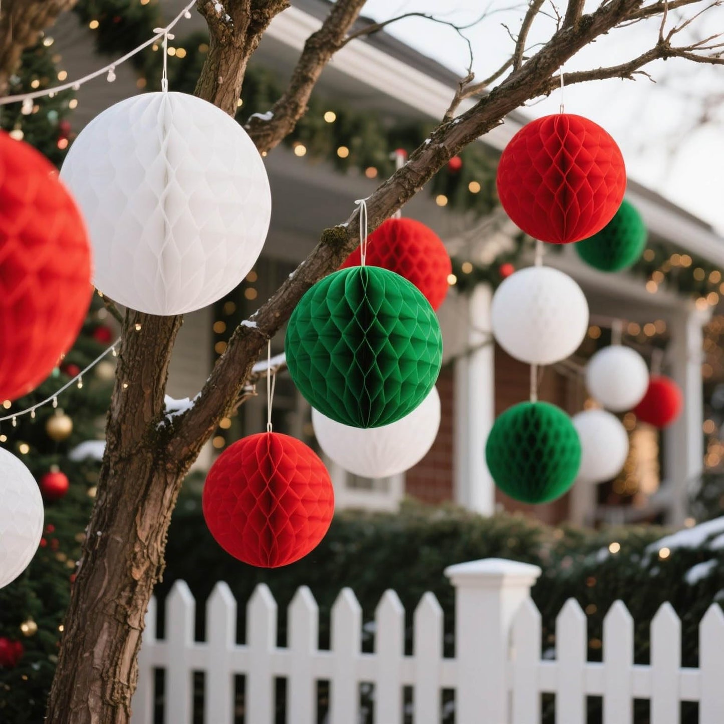 brzikwt 12 Pcs Red White and Green Paper Honeycomb Flower Balls for Christmas Party Ceiling Wall Hanging Tissue Pom Poms Decor (6 inch & 10 inch)