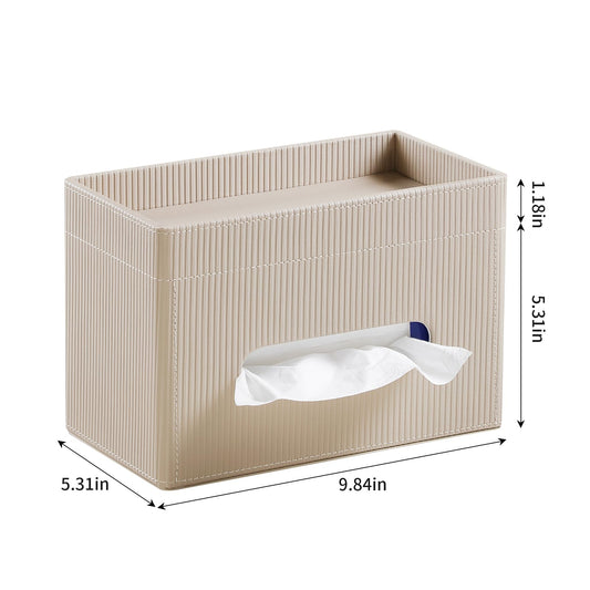 Cretkhp Tissue Box Cover Rectangle with Storage Tray, PU Leather Tissue Holder for Bathroom Vanity Countertop Night Stands Bedroom Office Desk, Stylish Rectangular Tissue Box Holder (Beige)